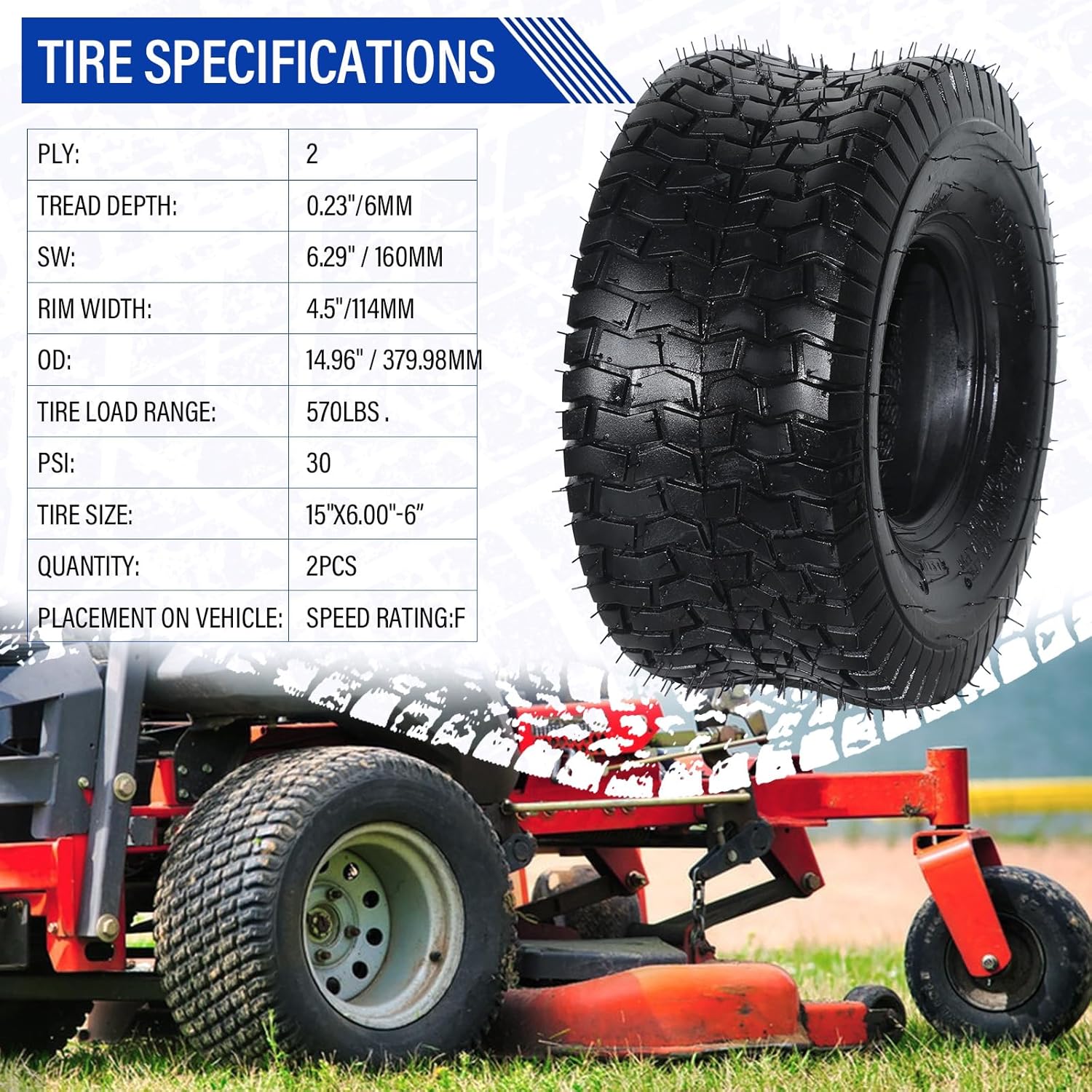 2 neumáticos de césped para cortacésped de jardín 15×6.00-6 neumáticos de tractor 15×6.00×6 2 PR sin cámara