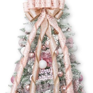 Hismir Decoración para árbol de Navidad con lazo de purpurina de 53 x 13 pulgadas con serpentina de cinta, copo de nieve rosa y dorado rosa Hismir Decoración para árbol de Navidad con lazo de purpurina de 53 x 13 pulgadas con serpentina de cinta, copo de nieve rosa y dorado rosa