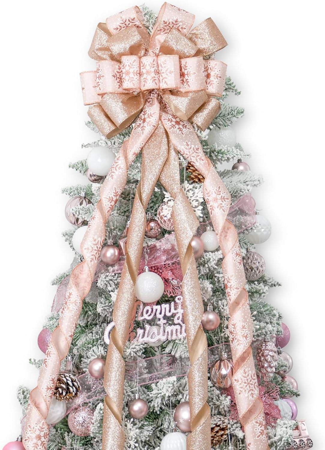 Hismir Decoración para árbol de Navidad con lazo de purpurina de 53 x 13 pulgadas con serpentina de cinta, copo de nieve rosa y dorado rosa
