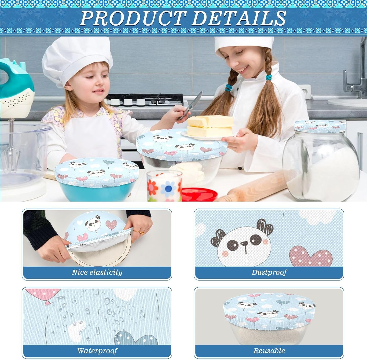 Pandas Hearts – 5 fundas elásticas reutilizables para tazones para almacenamiento de alimentos, tapas de tela elástica con 5 tamaños diferentes,