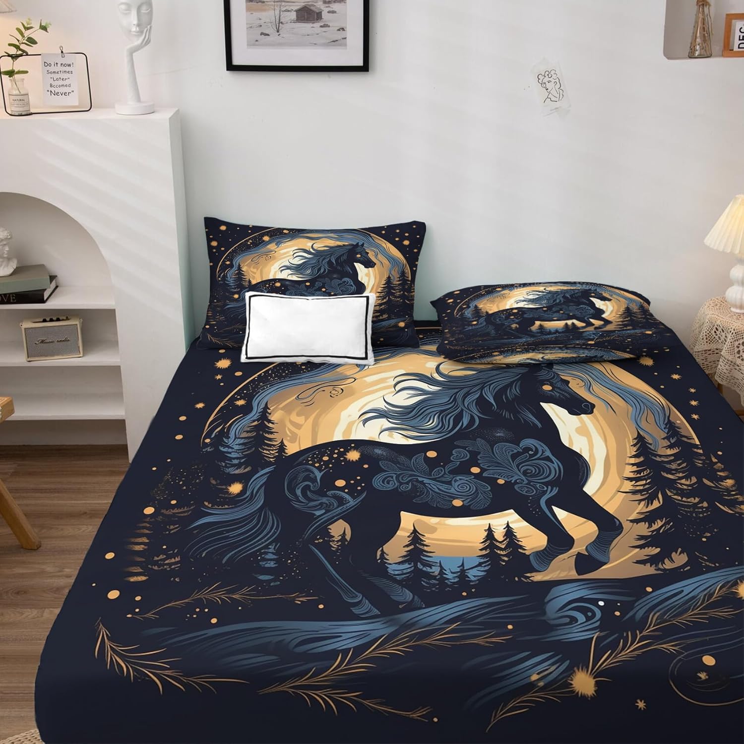 Sábanas de caballo tamaño Queen, sábanas de animales, sábanas y fundas de almohada estampadas de 4 piezas, sábana bajera ajustable de microfibra