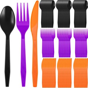 Hoolerry Juego de 600 cubiertos de plástico para Halloween, tenedores, cucharas y cuchillos, incluye 200 tenedores, 200 cucharas y 200 cuchillos Hoolerry Juego de 600 cubiertos de plástico para Halloween, tenedores, cucharas y cuchillos, incluye 200 tenedores, 200 cucharas y 200 cuchillos