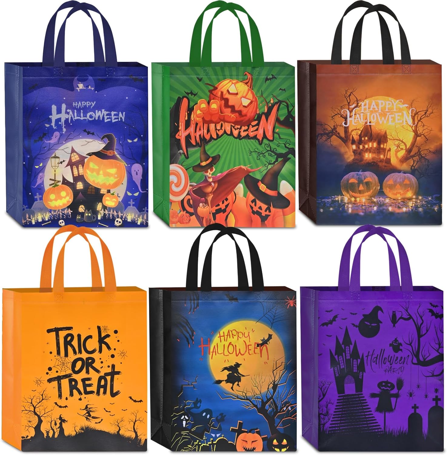 AhfuLife 6 bolsas de Halloween para dulce o truco, bolsas grandes de dulces de Halloween con asas para niños, bolsas de regalo reutilizables de