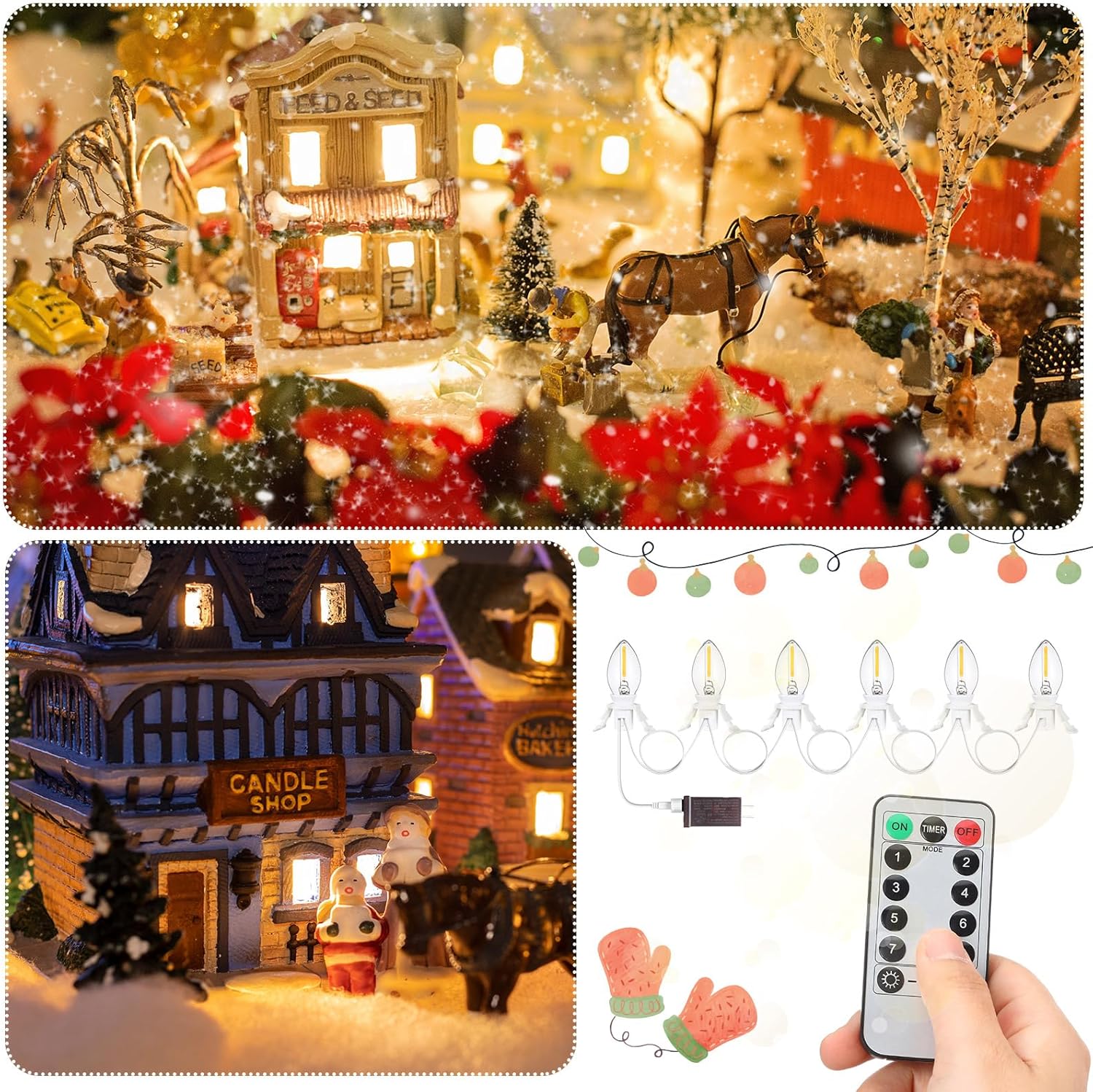 Retisee 2 piezas de cable de accesorios de Navidad con 6 bombillas LED C7 y toma de corriente de 11.48 pies, cable accesorio de luz de pueblo de