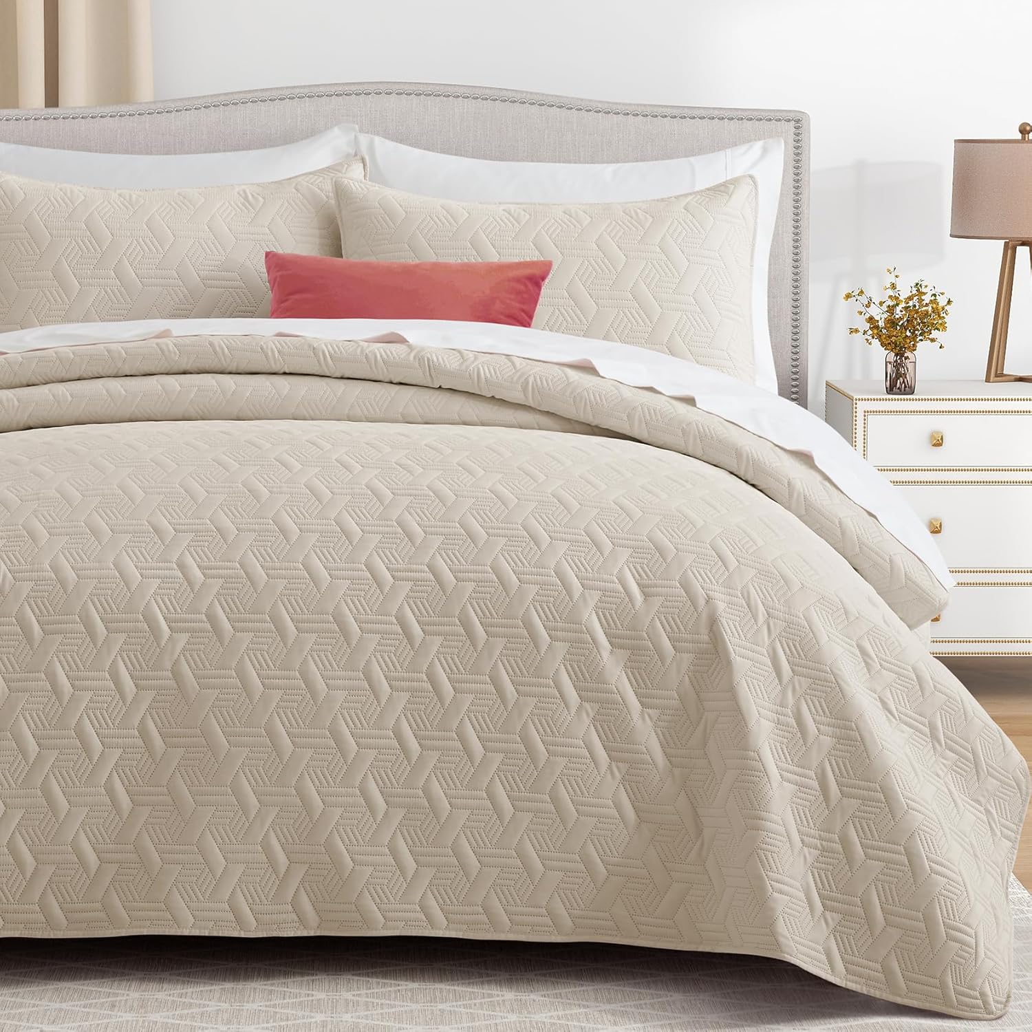 Juego de ropa de cama tamaño California King, color beige, colcha y colcha de microfibra suave y ligera de verano para todas las estaciones, 3