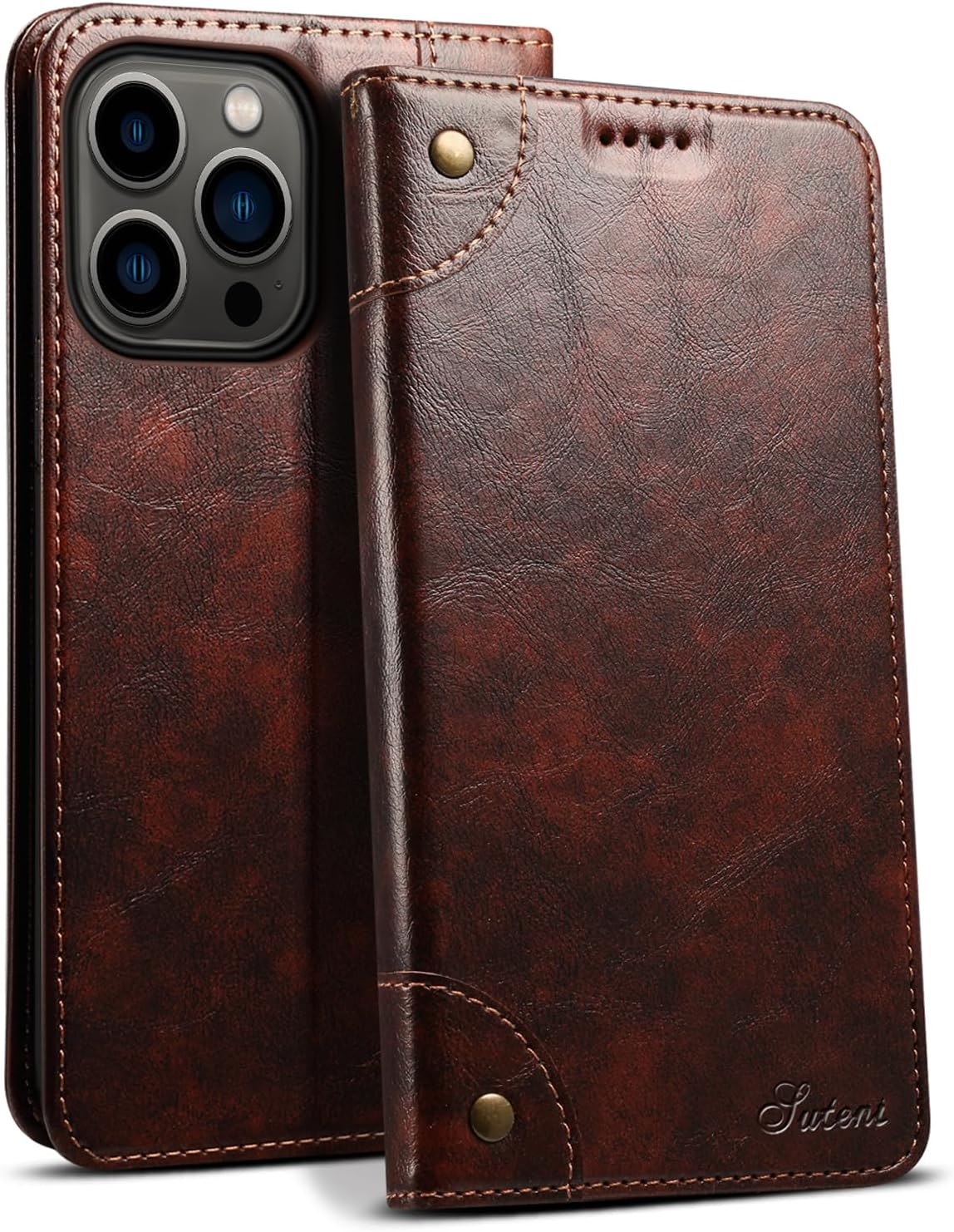 SINIANL Funda tipo cartera compatible con iPhone 15 Pro, con función atril magnético, tarjetero de cuero con tapa para iPhone 15 Pro, color marrón