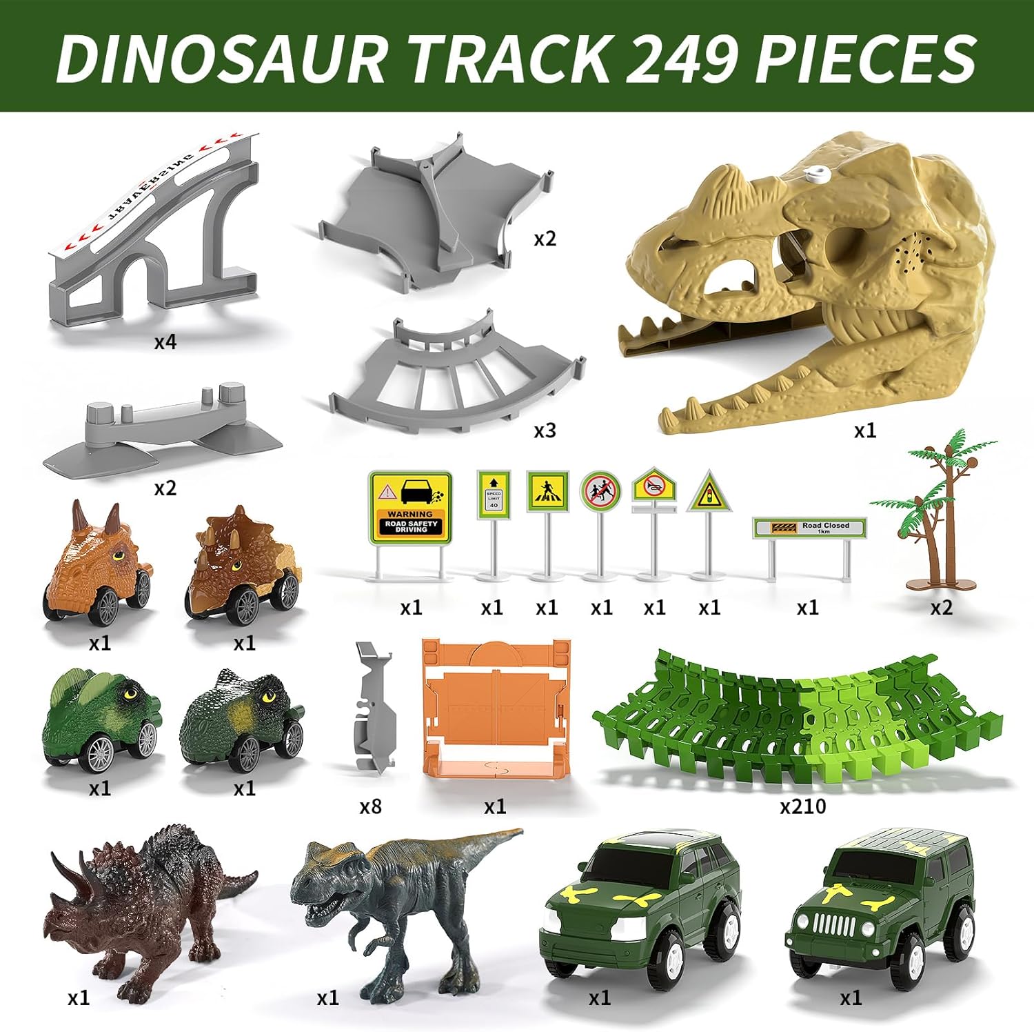 249 piezas de juguetes de carreras de dinosaurios con luz, sonido y aerosol, juguetes de dinosaurio para niños de 2 a 4 años, 3 a 5 años, regalos de