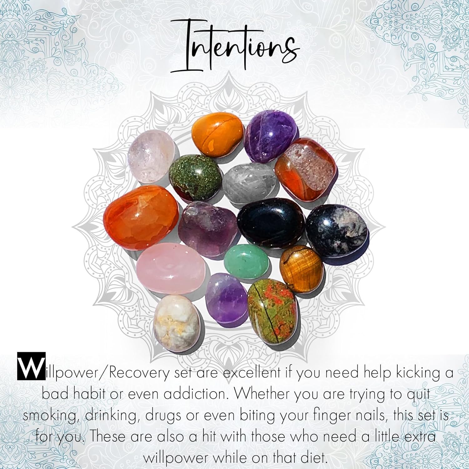 Smart Intentions – Juego de 8 piedras pulidas para alivio de la ansiedad, ojo de tigre, amatista, cuarzo rosa, ágata de fuego, unakita, cornalina,