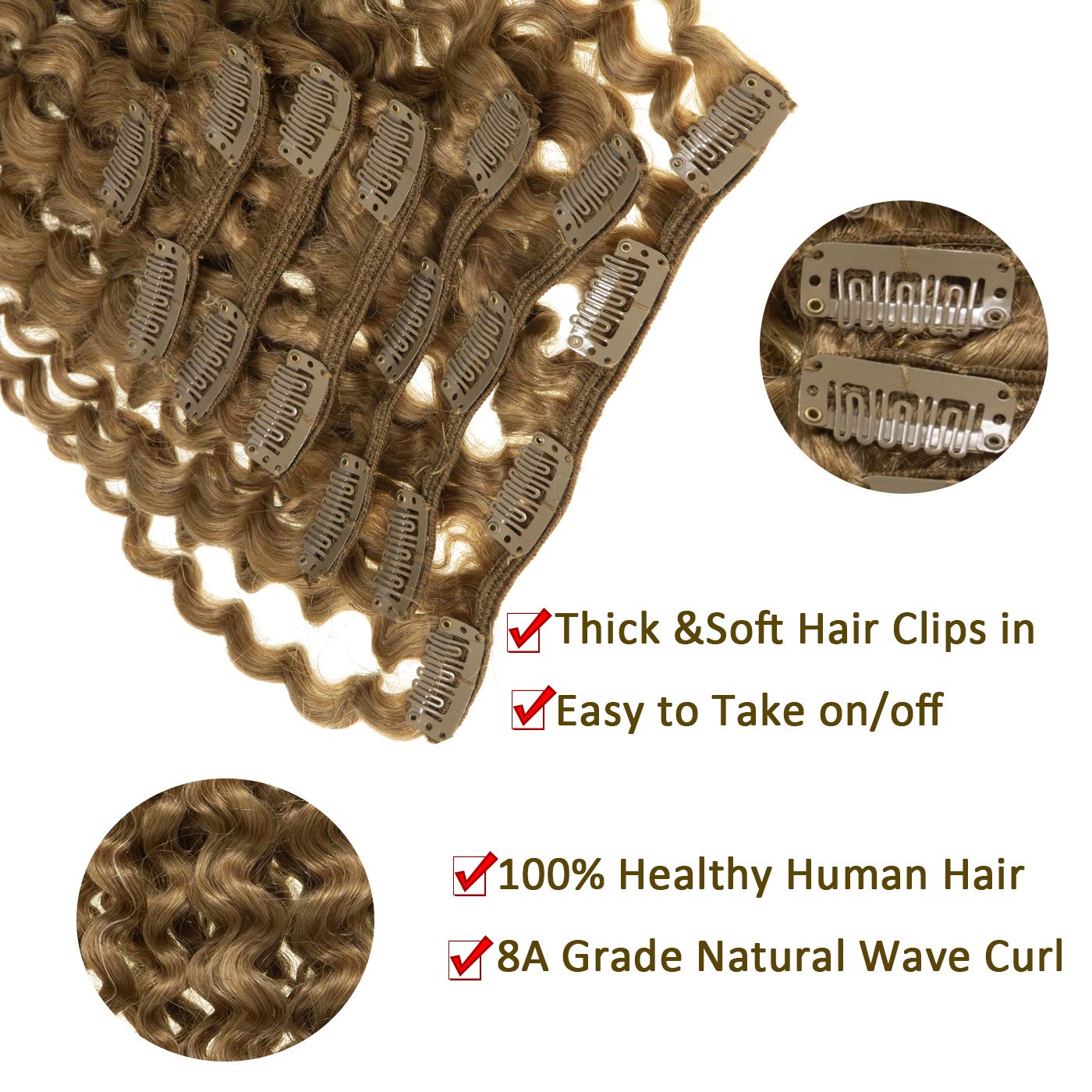 Anrosa Extensiones de cabello humano rizado con clip, 14 pulgadas, 3B 3C, extensiones de cabello rizado color rubio fresa, extensiones de cabello