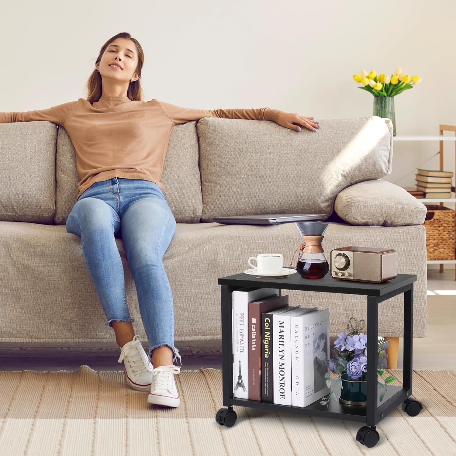 Cakokow Soporte para impresora debajo del escritorio, mesa de impresora móvil industrial de 2 niveles con estante de almacenamiento, carrito de