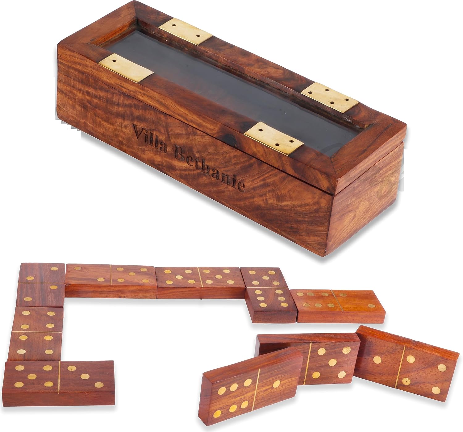The Maryam Crafts Juego de dominó de madera hecho a mano  Doble seis tamaño profesional con caja de almacenamiento de madera decorativa (palo de