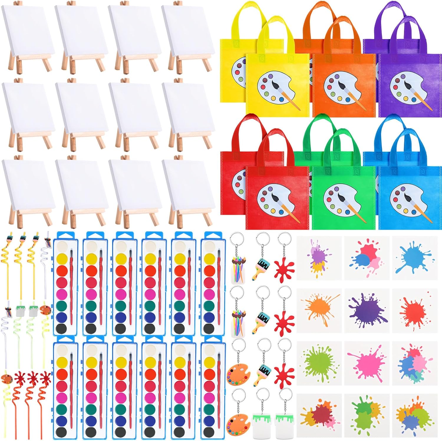 Zhanmai Pintura para fiestas de niños pequeños, pintura artística, lienzo, acuarela, pintura artística, pajitas, llavero, bolsas temporales de