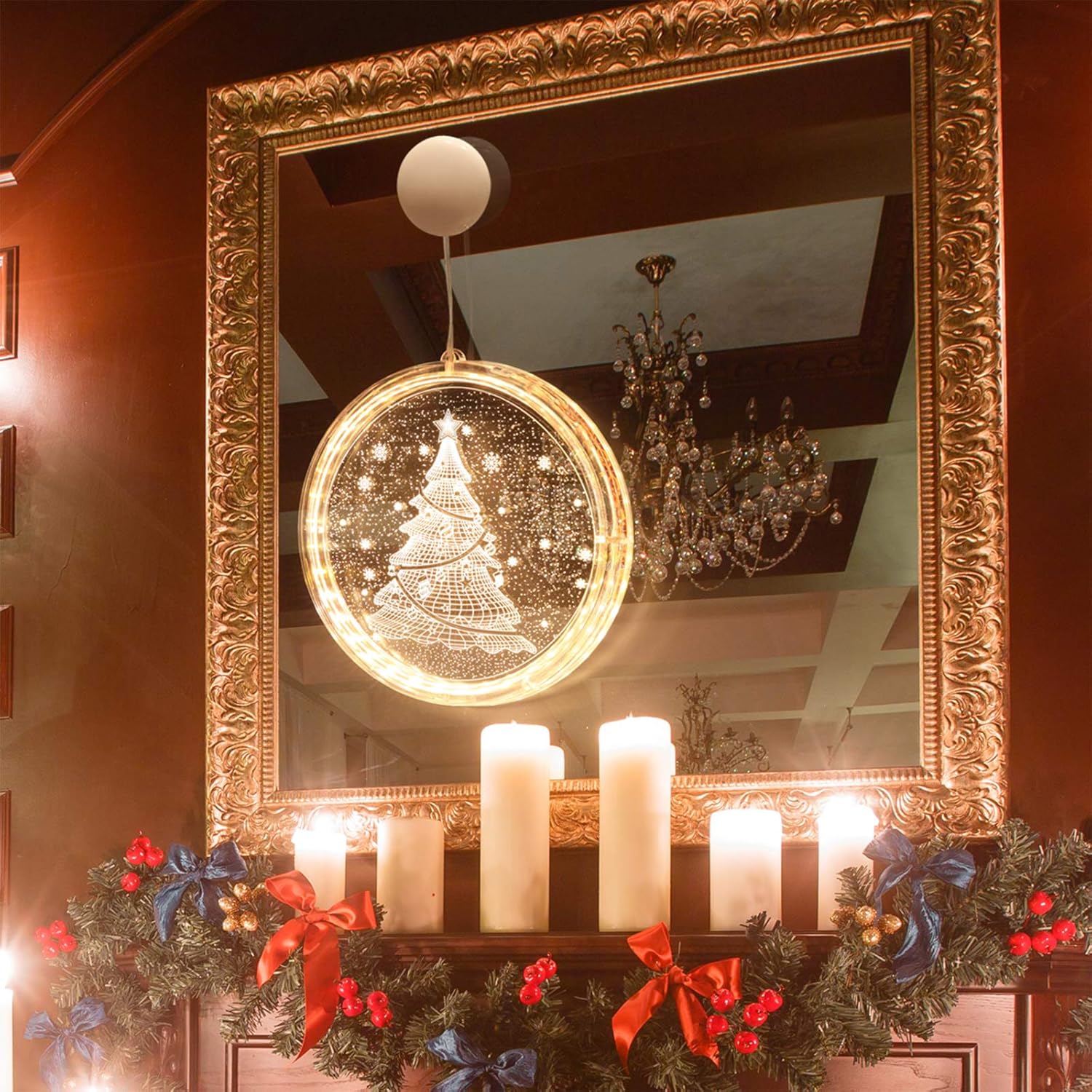 Decoración navideña para ventana, pared y puerta, luces 3D colgantes novedosas con ventosa y botón de interruptor, para patio al aire libre,