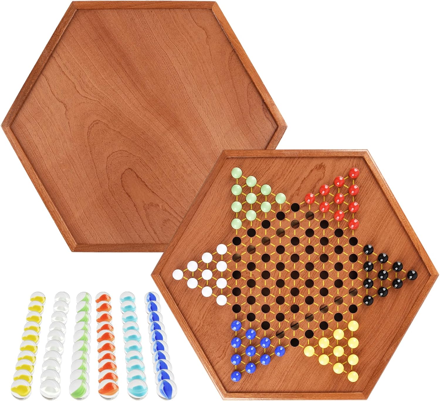 Juego de mesa extragrande de madera de 16.5 pulgadas con cajones, 120 canicas coloridas para hasta 6 jugadores, juego de estrategia clásico para