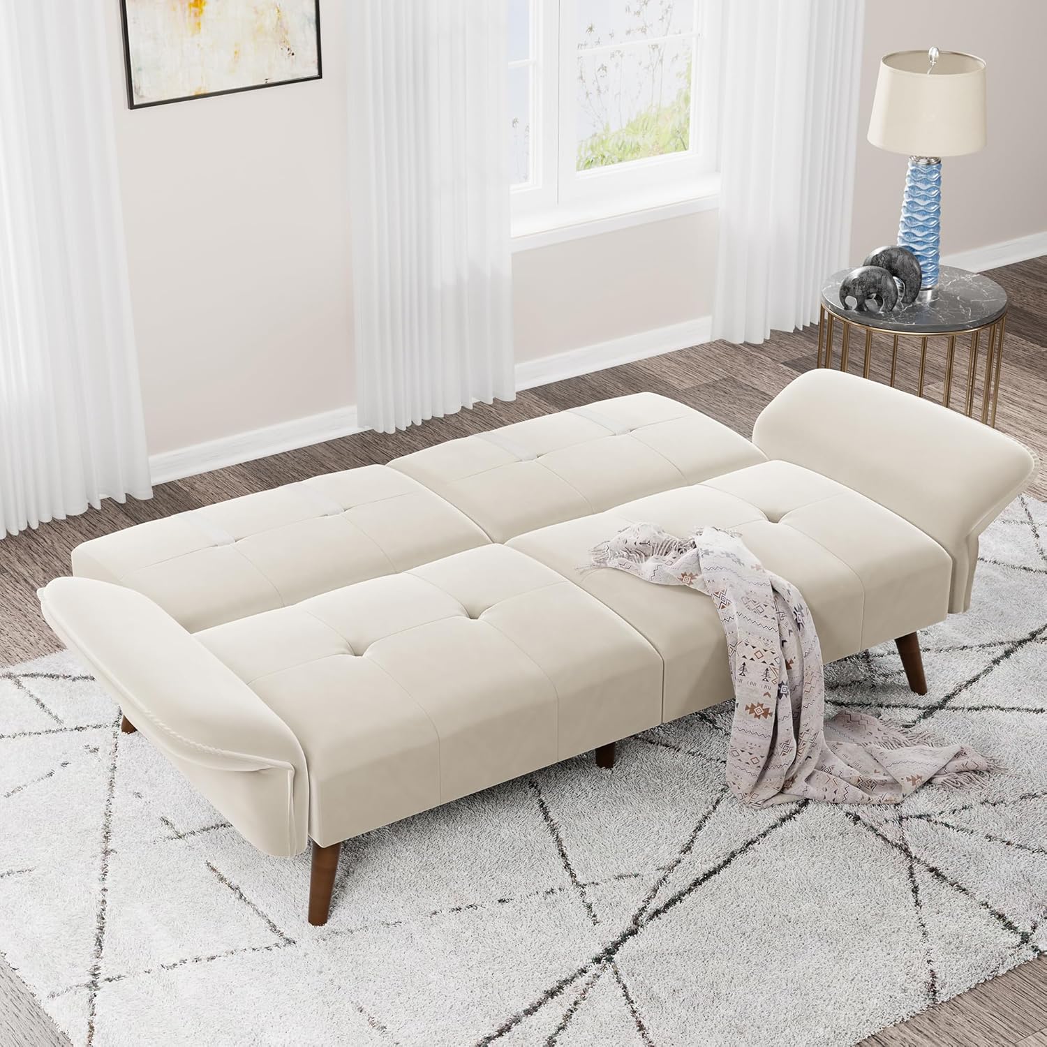 JAMFLY Sofá cama futón de terciopelo de 69 pulgadas, sofá cama convertible con reposabrazos y respaldo ajustables, moderno sofá biplaza para sala de