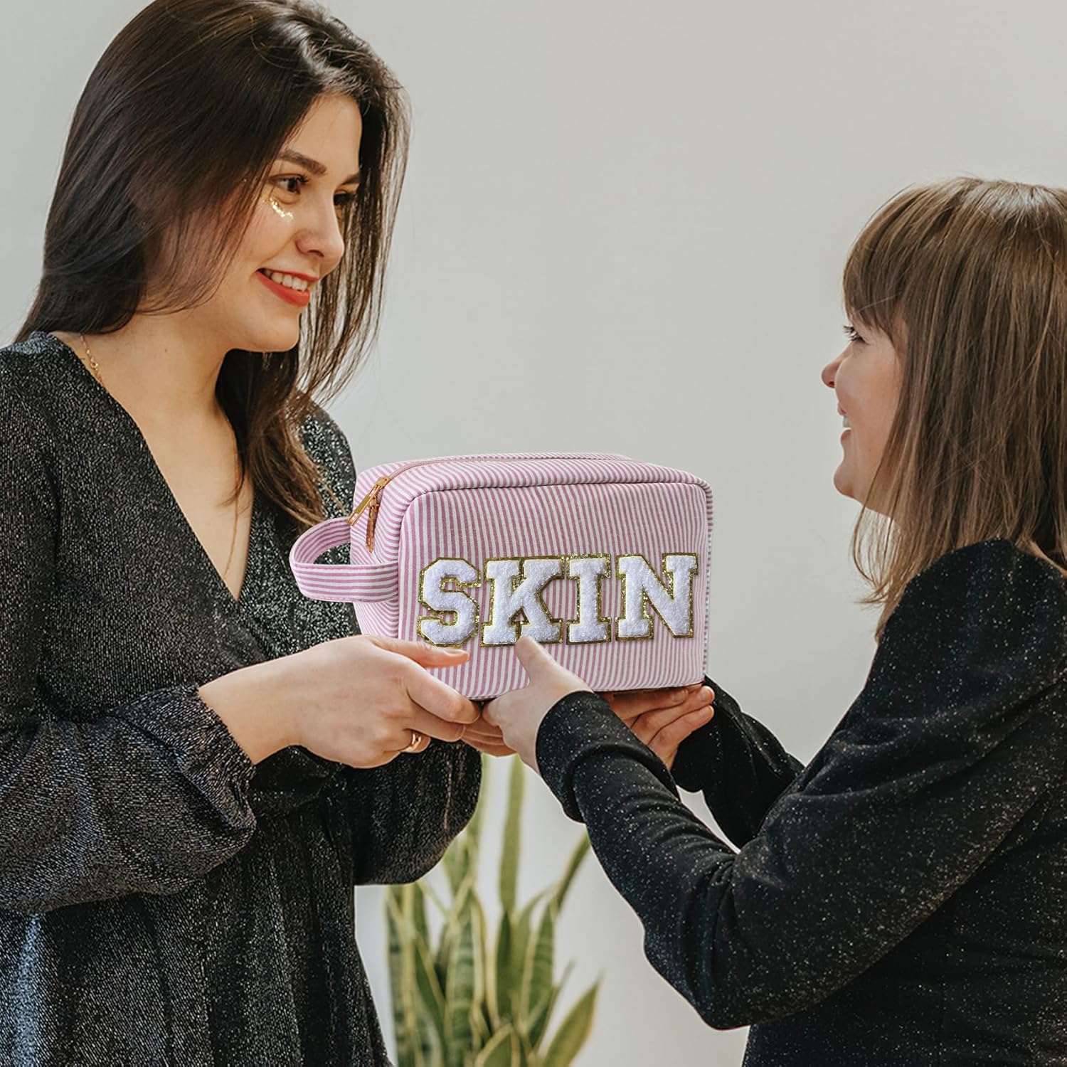 Preppy – Bolsas de maquillaje para mujer, bolsa de viaje pequeña para bolso de chenilla hinchada impermeable, bolsa de aseo de playa, lindo