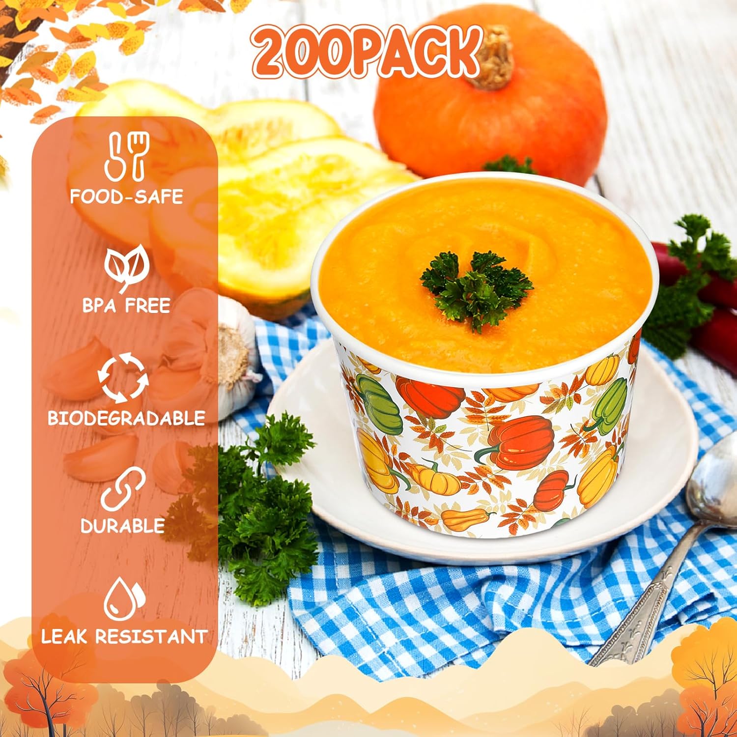 Uiifan 200 vasos de papel de 9 onzas para Acción de Gracias, cuencos de papel con temática de otoño, tazas de papel de hojas de otoño, tazas de sopa