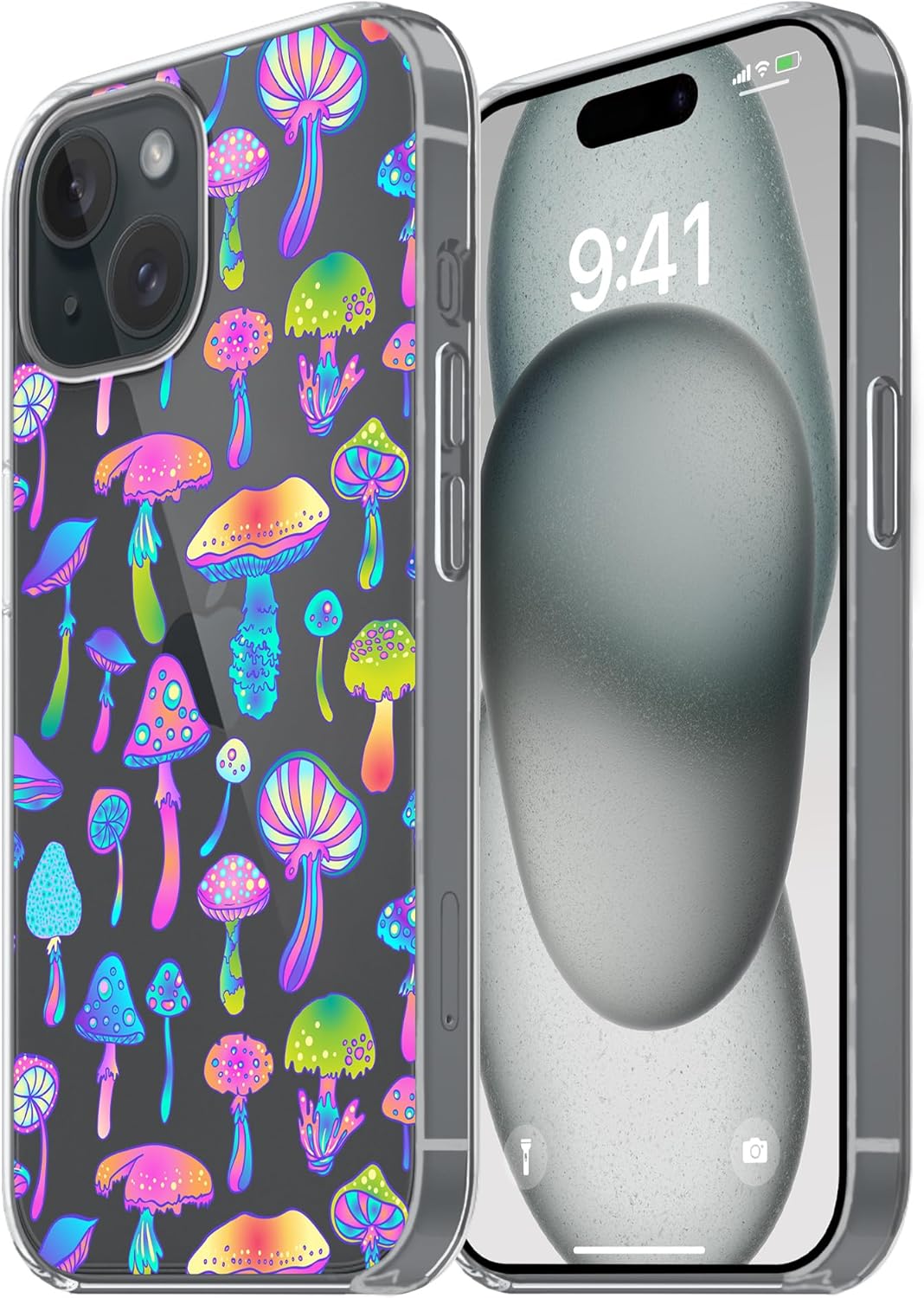 Funda diseñada para iPhone 15 Plus, diseño de hongos psicodélicos mágicos, funda transparente de hongos coloridos hippies para iPhone 15 Plus, a
