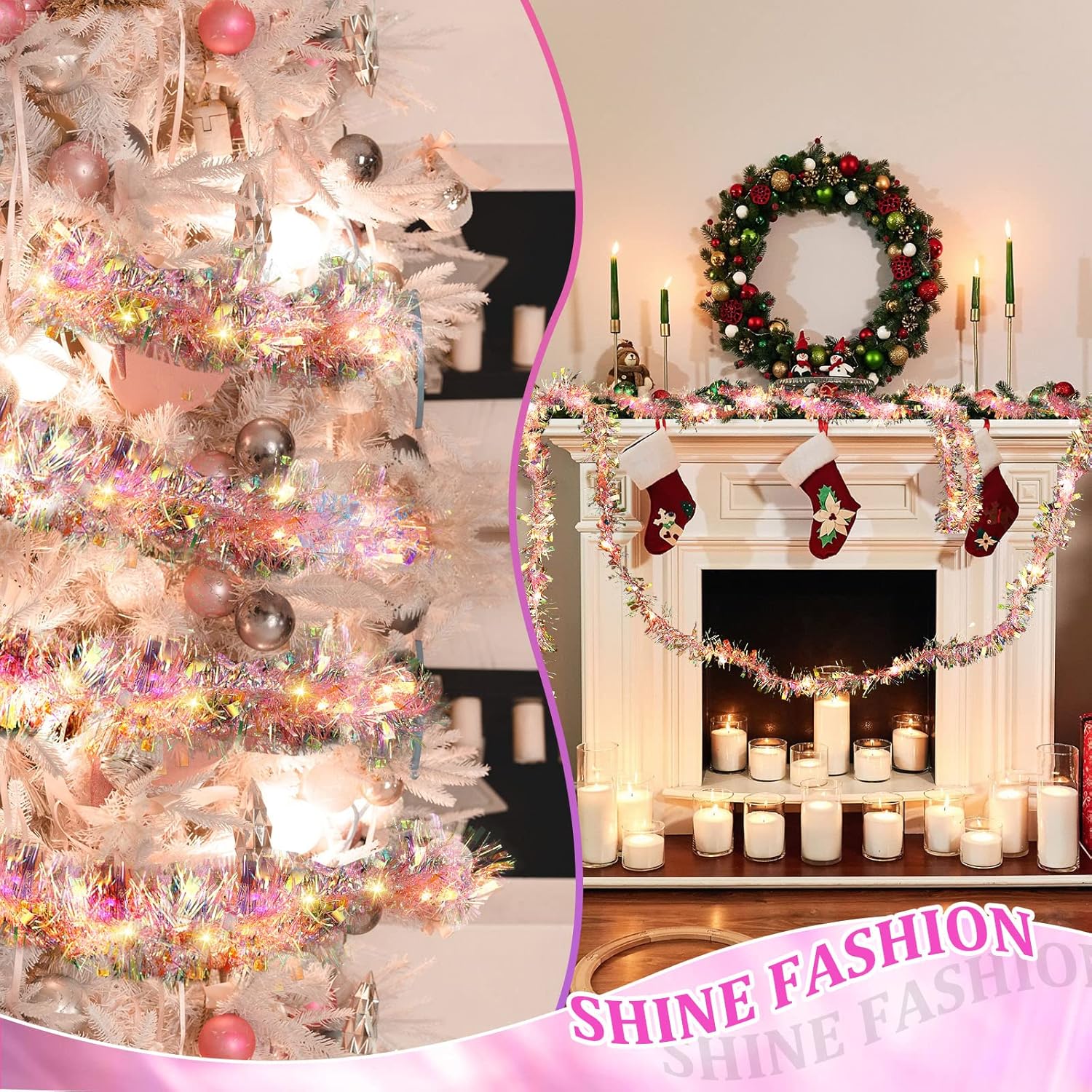 Guirnalda de oropel de árbol de Navidad de 12 tiras de 80 pies con 14 luces LED gruesas y finas serpentinas metálicas para interiores y exteriores,