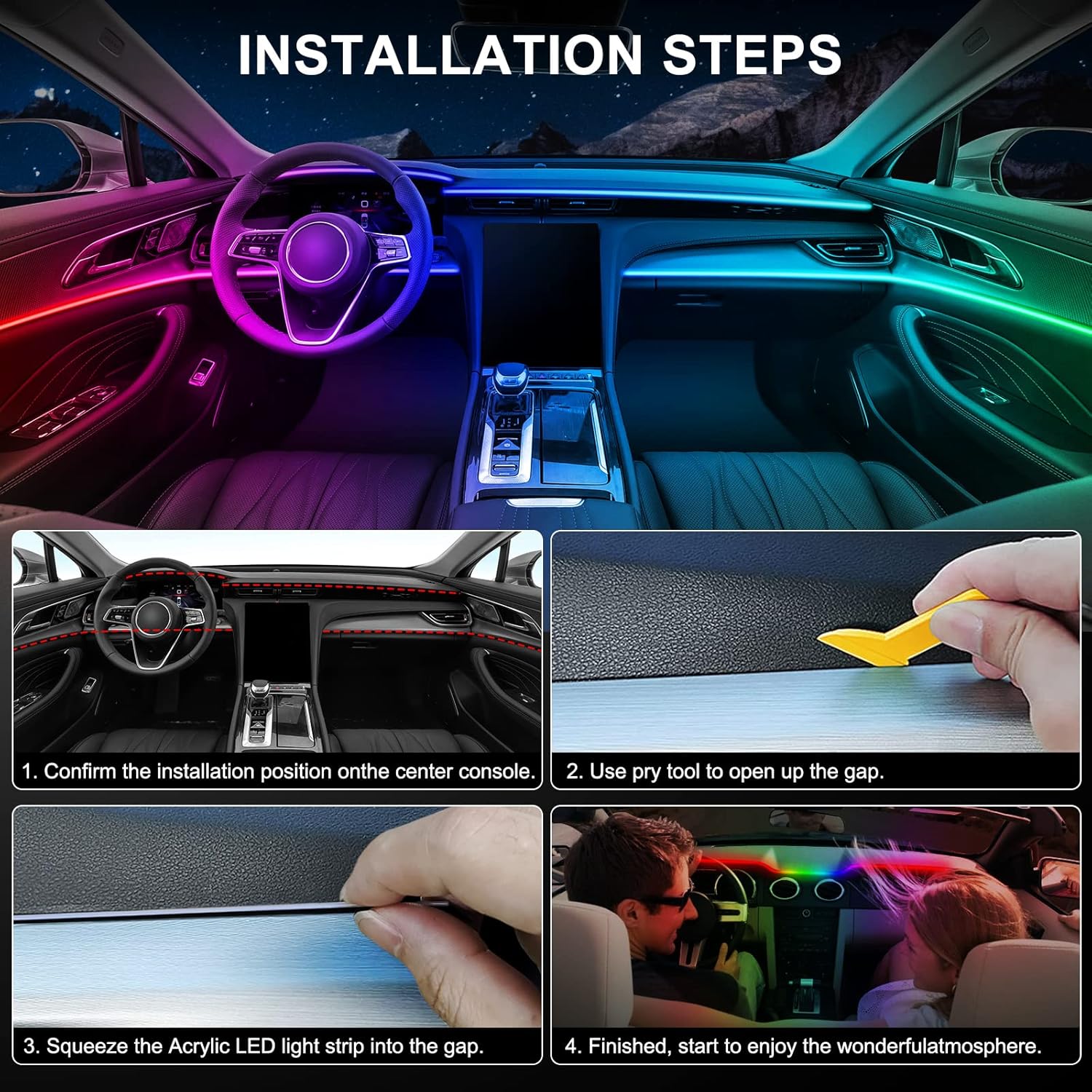 Dreamcolor – Tira de luz LED acrílica para interior de automóvil con aplicación inalámbrica, RGB 6 en 1 con kits de iluminación ambiental de fibra