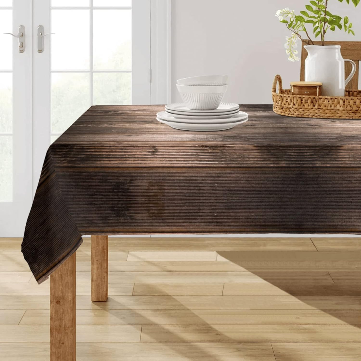 Mantel rectangular de tela de poliéster de 60 x 120 pulgadas, de grano de madera marrón, lavable, resistente a las arrugas, para comedor al aire