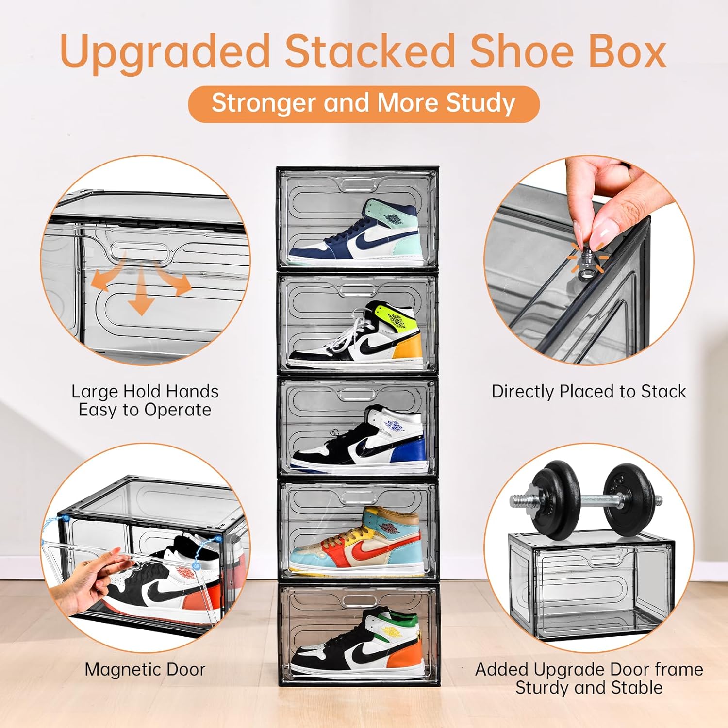 Paquete de 8 cajas de zapatos apilables color gris, organizador grande de almacenamiento de zapatos con tapas, contenedores laterales caídos para
