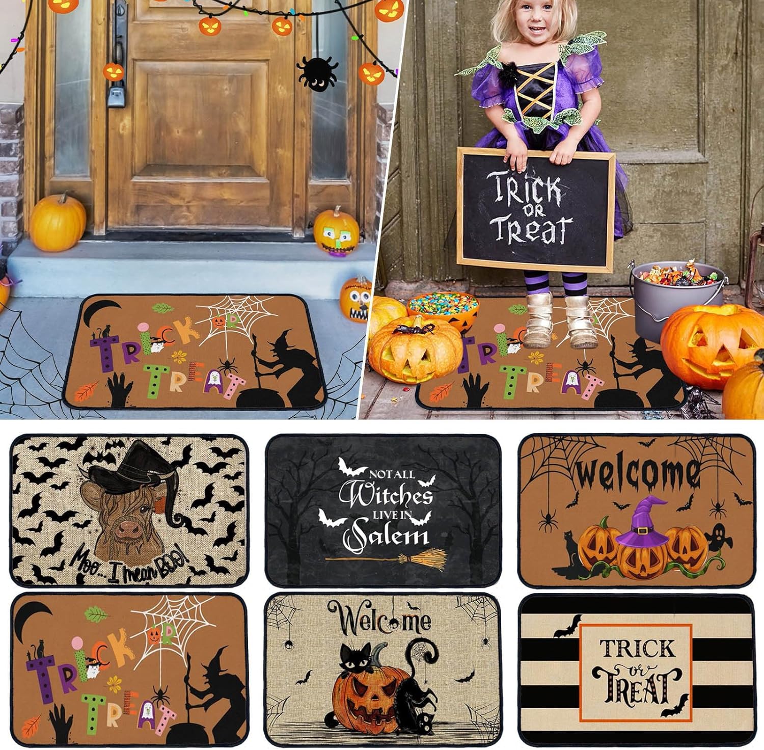 Tapete de Halloween para puerta de exterior e interior, tapete de bienvenida con texto en inglés “Not All Witch Live in Salem”, tapete divertido