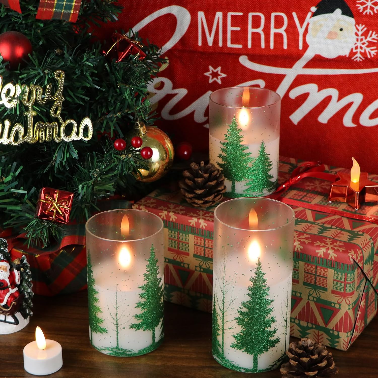 DRomance Velas de cristal sin llama de árbol de Navidad con temporizador remoto, funciona con pilas, cera real, mecha 3D, luces LED parpadeantes,