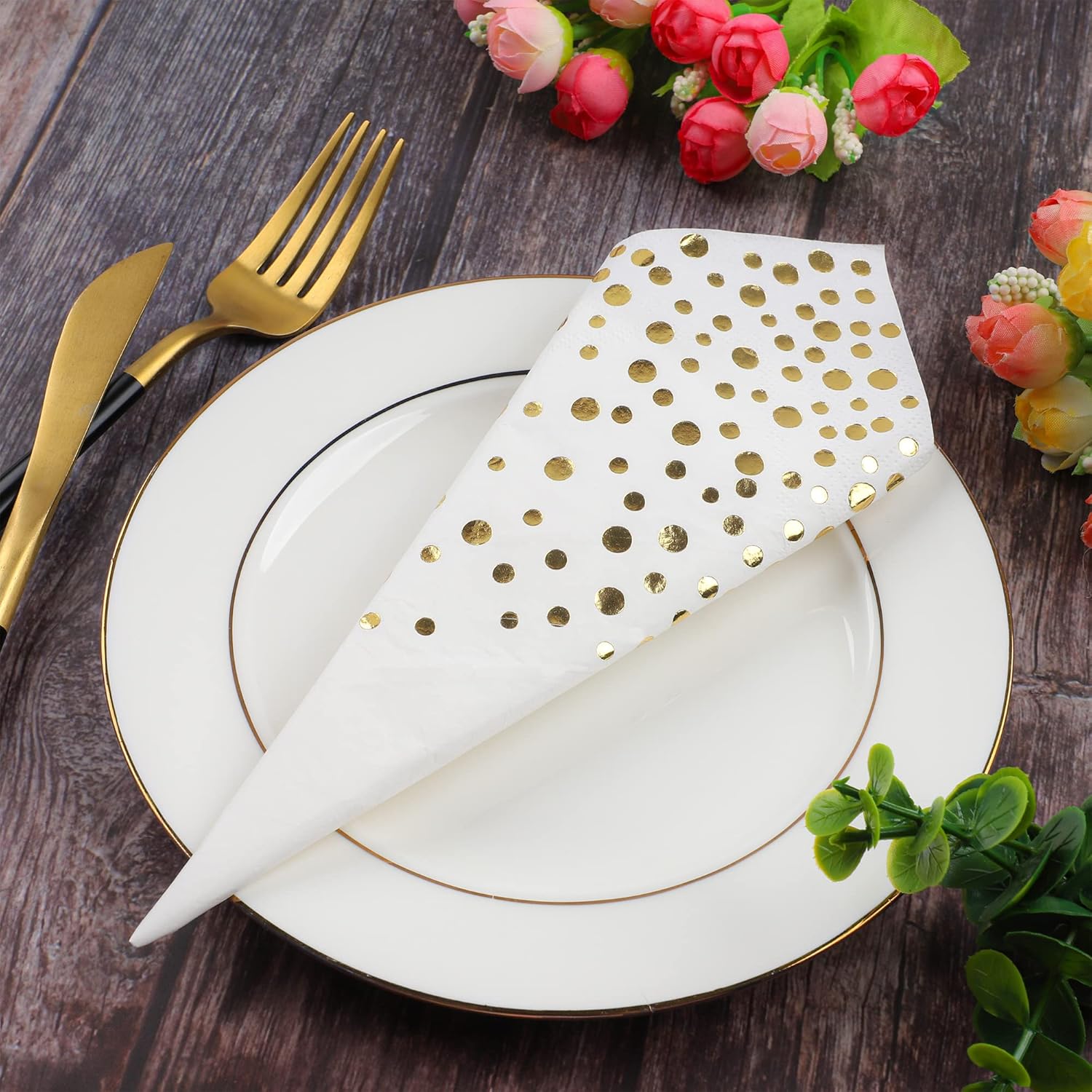 Paquete de 120 servilletas de papel de aluminio dorado con lunares blancos y dorados, toallas de mano desechables metálicas para boda, baby shower,