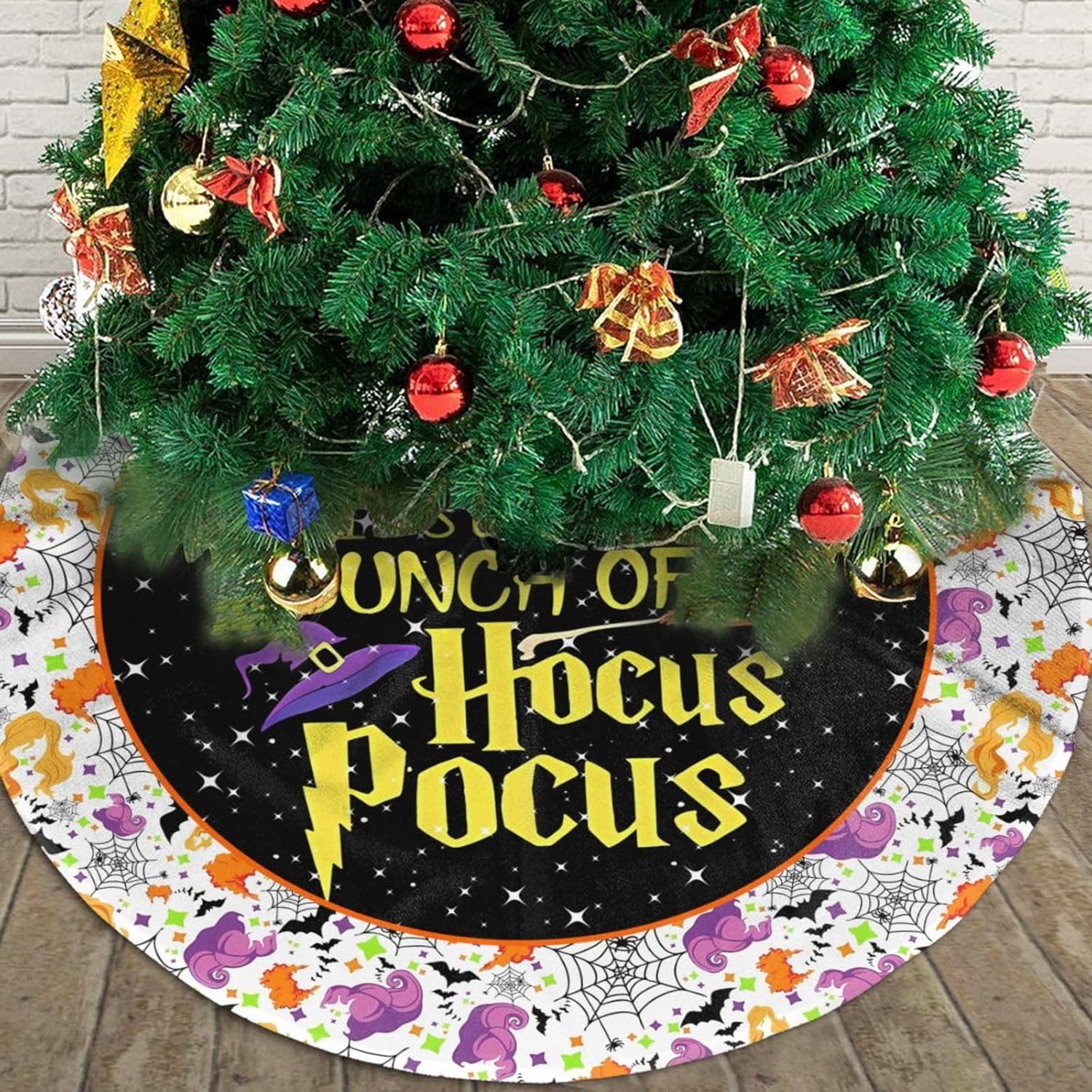 Falda de árbol de brujas de Halloween, araña, murciélagos, alfombra de 36 pulgadas para vacaciones, Año Nuevo, Halloween, Navidad, decoración de