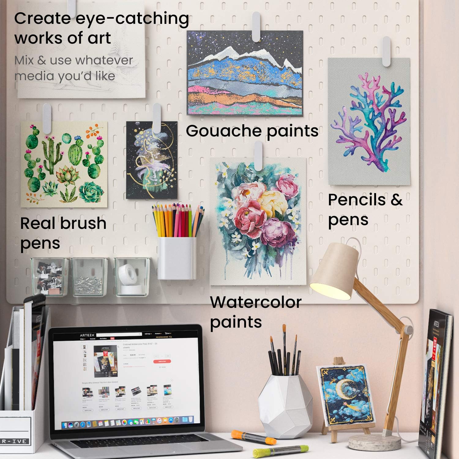 Arteza Cuaderno de bocetos de medios mixtos, 9 x 12 pulgadas, 25 hojas, papel de dibujo tonificado blanco, crema, gris claro, gris y negro, 122