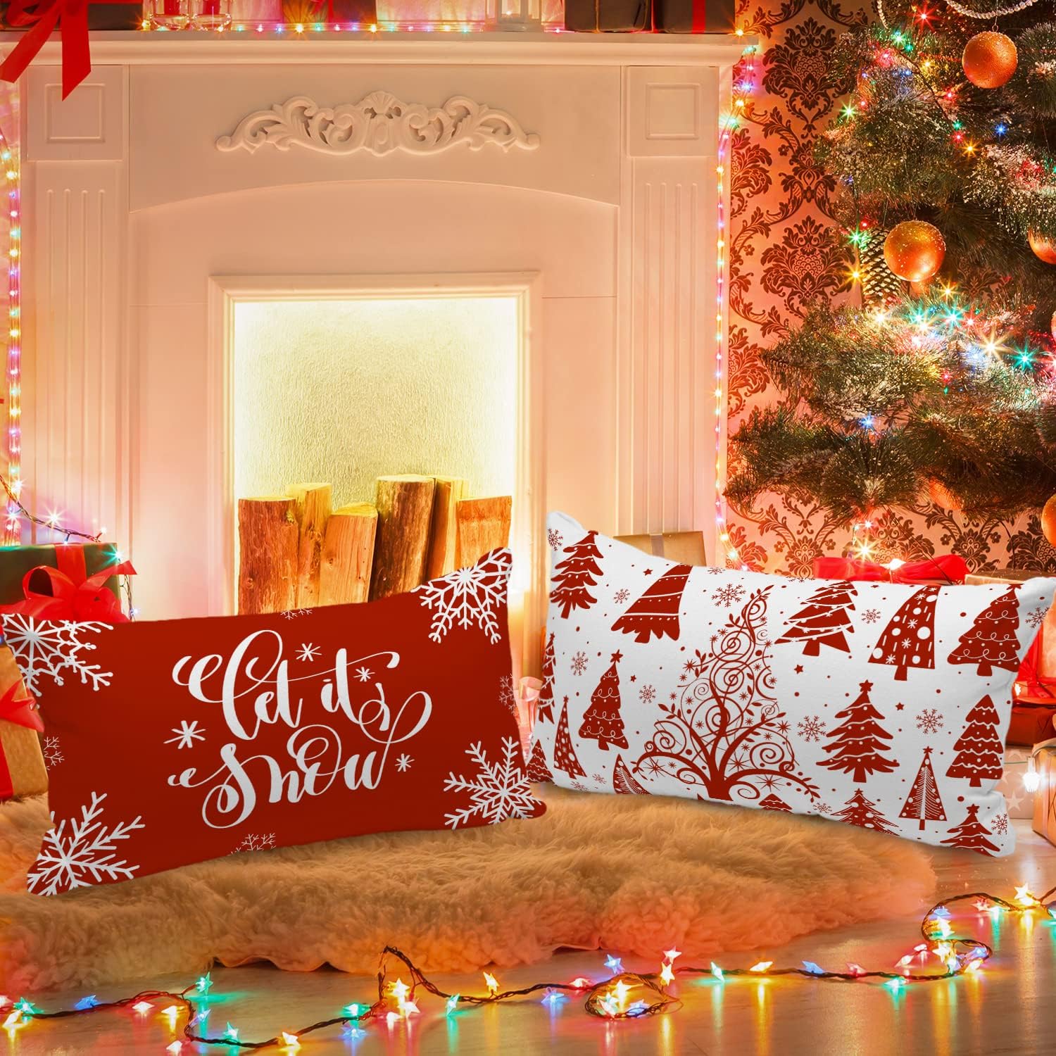 Lanpn Juego de 4 fundas de almohada lumbares de Navidad de 14 x 24 pulgadas, fundas decorativas de Navidad con copos de nieve de Navidad de 14 x 24