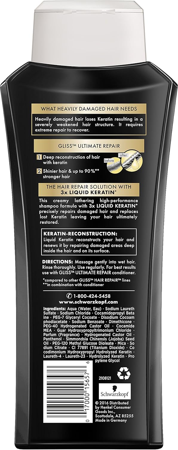 GLISS Champú reparador de cabello, reparación definitiva para cabello muy dañado, 13.6 onzas (paquete de 3)