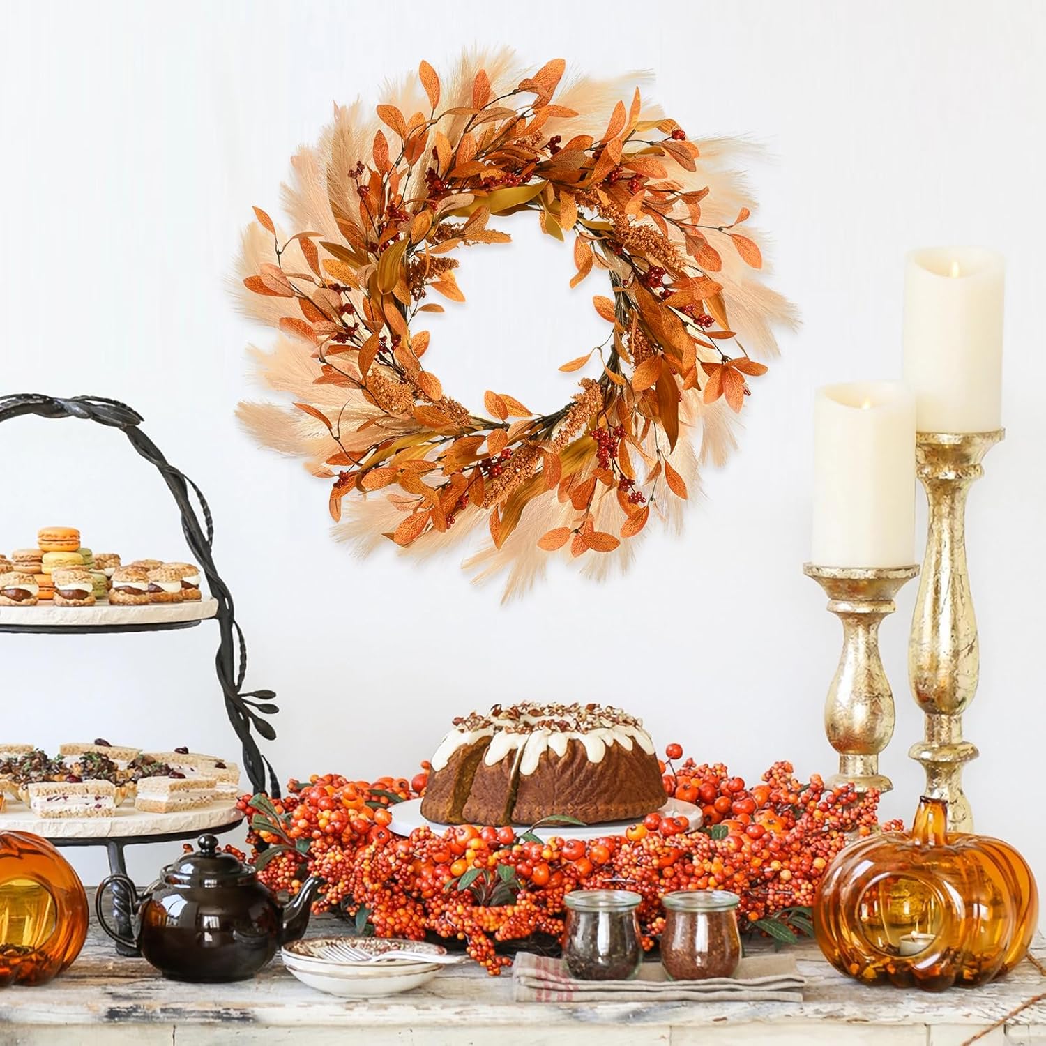 Corona de otoño para puerta delantera, corona de otoño de 20 pulgadas, corona de puerta delantera de otoño con ganchos para decoración de porche