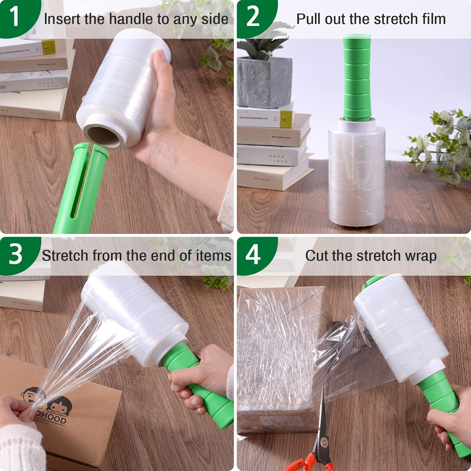 LyPrem Paquete de 4 envoltorios elásticos con asas de 5 pulgadas, 1000 pies, calibre 80, mini película transparente, envoltura de plástico retráctil