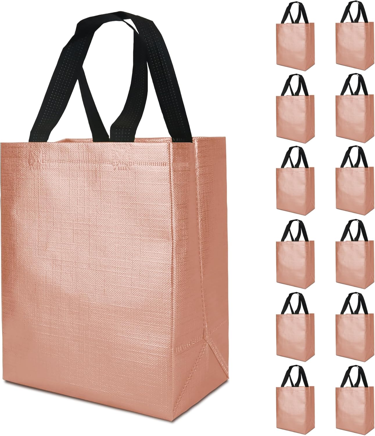 Paquete de 12 bolsas de regalo medianas de color oro rosa, bolsas de regalo reutilizables con asas, resistentes, brillantes, metálicas, no tejidas,