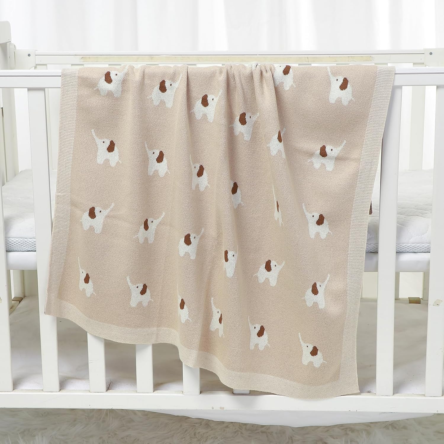 Hadetoto Manta de bebé 100% algodón de punto suave y acogedora manta de recepción con precioso elefante para niños recién nacidos, color camello,