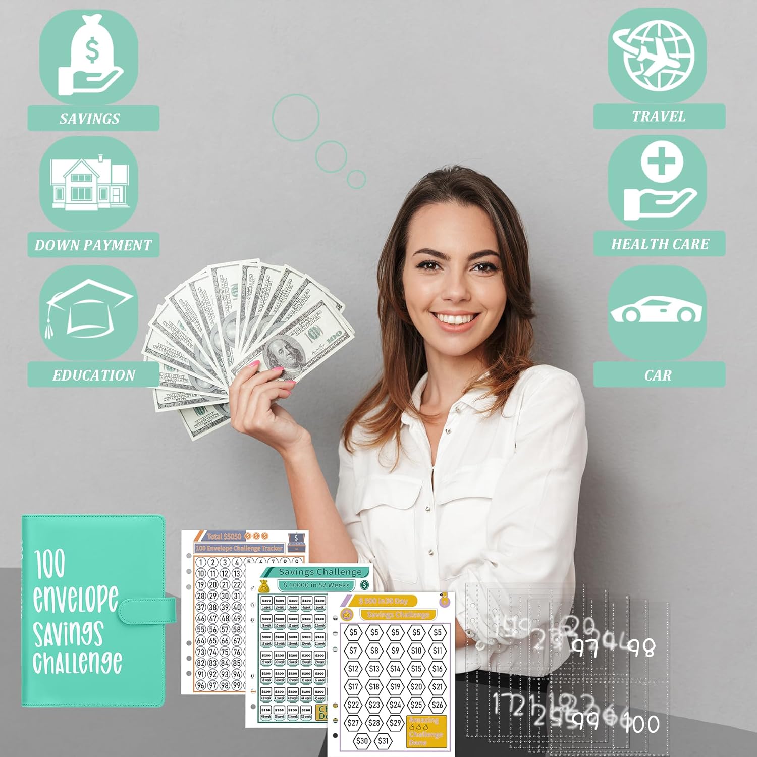 Carpeta de desafíos de ahorro de dinero con 100 sobres, carpeta de presupuesto A5 con sobres de efectivo, libro de desafíos de ahorro para ahorrar