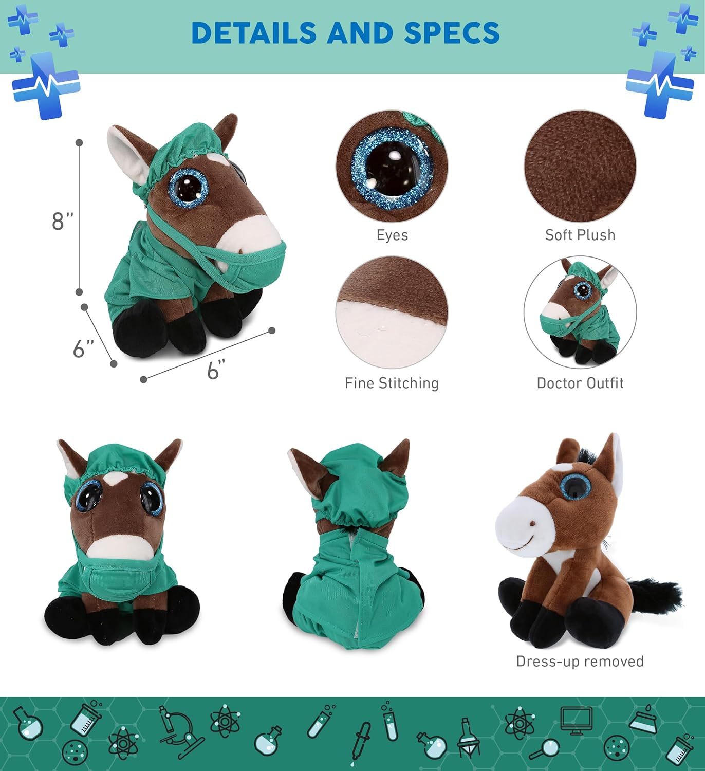 DolliBu Caballo grande  Juguete de peluche de Doctor de ojos brillantes  Disfraz de médico de caballo súper suave con uniforme médico y traje de