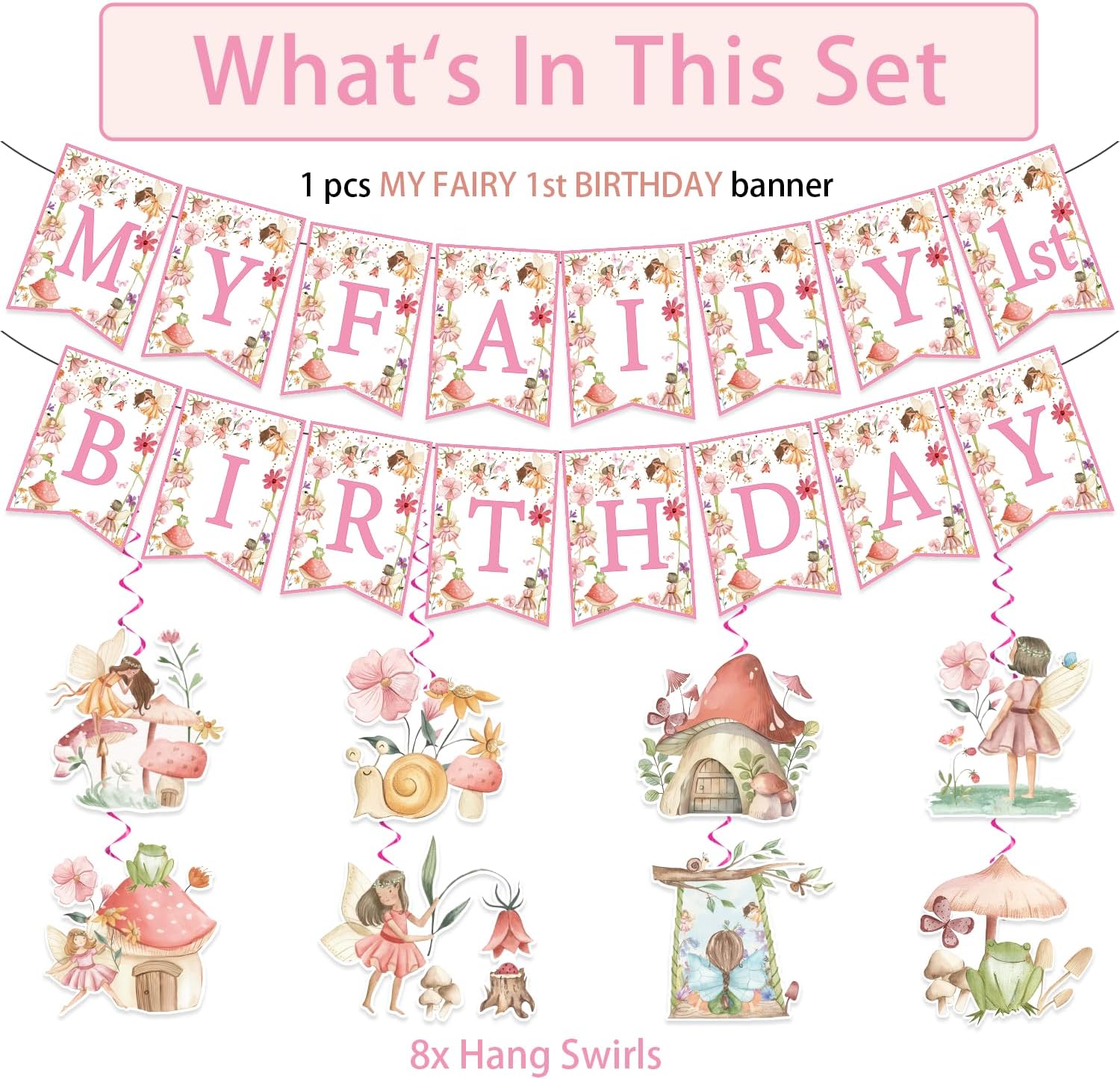 NO-DIY – Cartel de decoración de primer cumpleaños con diseño de hada con diseño de hadas, decoraciones de fiesta de cumpleaños con temática de