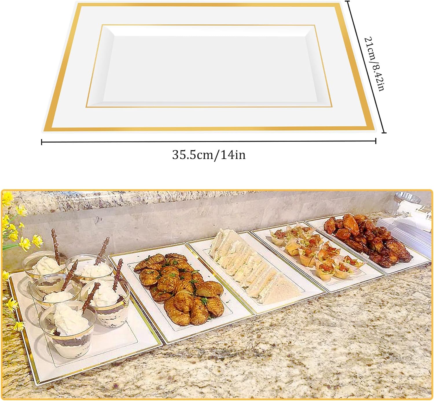 12 bandejas de plástico blanco para servir con borde dorado, bandejas rectangulares de postre de 14 x 9 pulgadas para mesa de postre, platos