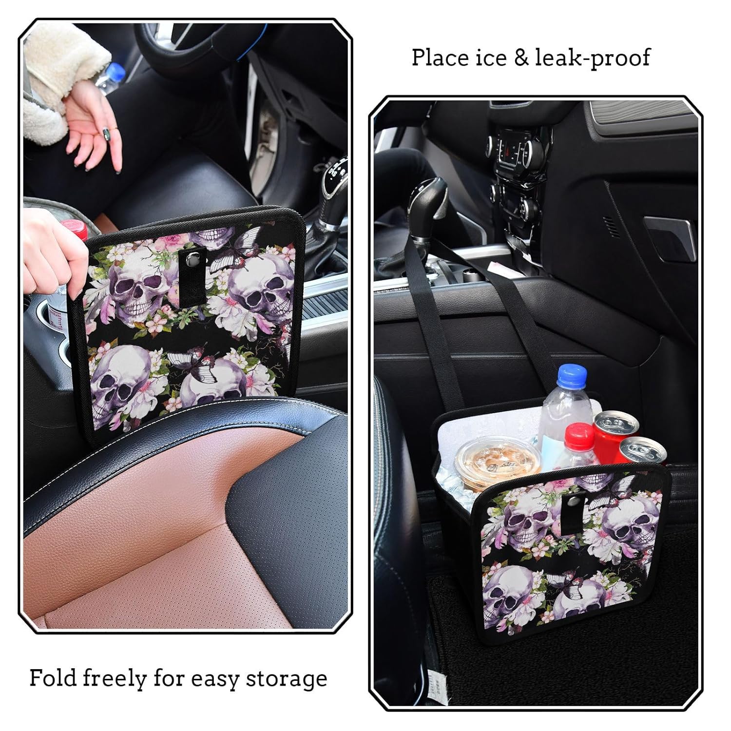 Basurero de coche con diseño de calaveras, flores, pájaros, mariposas, para guardar cosas en el automóvil, bolsas de basura plegables para
