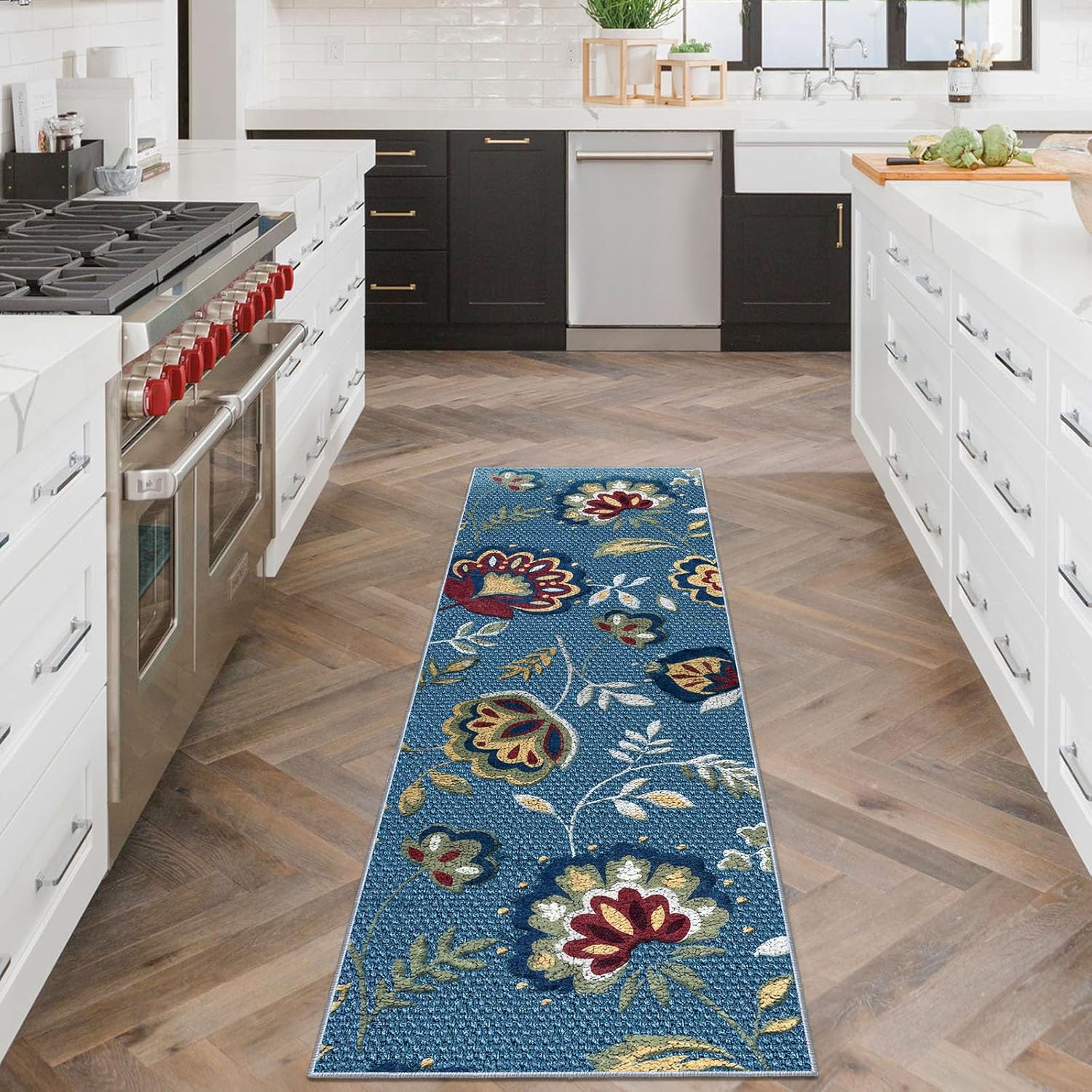 Lansny Alfombra de pasillo floral retro de 2 x 6 pies, lavable a máquina, antideslizante, suave, alfombra de pelo corto adecuada para pasillos,