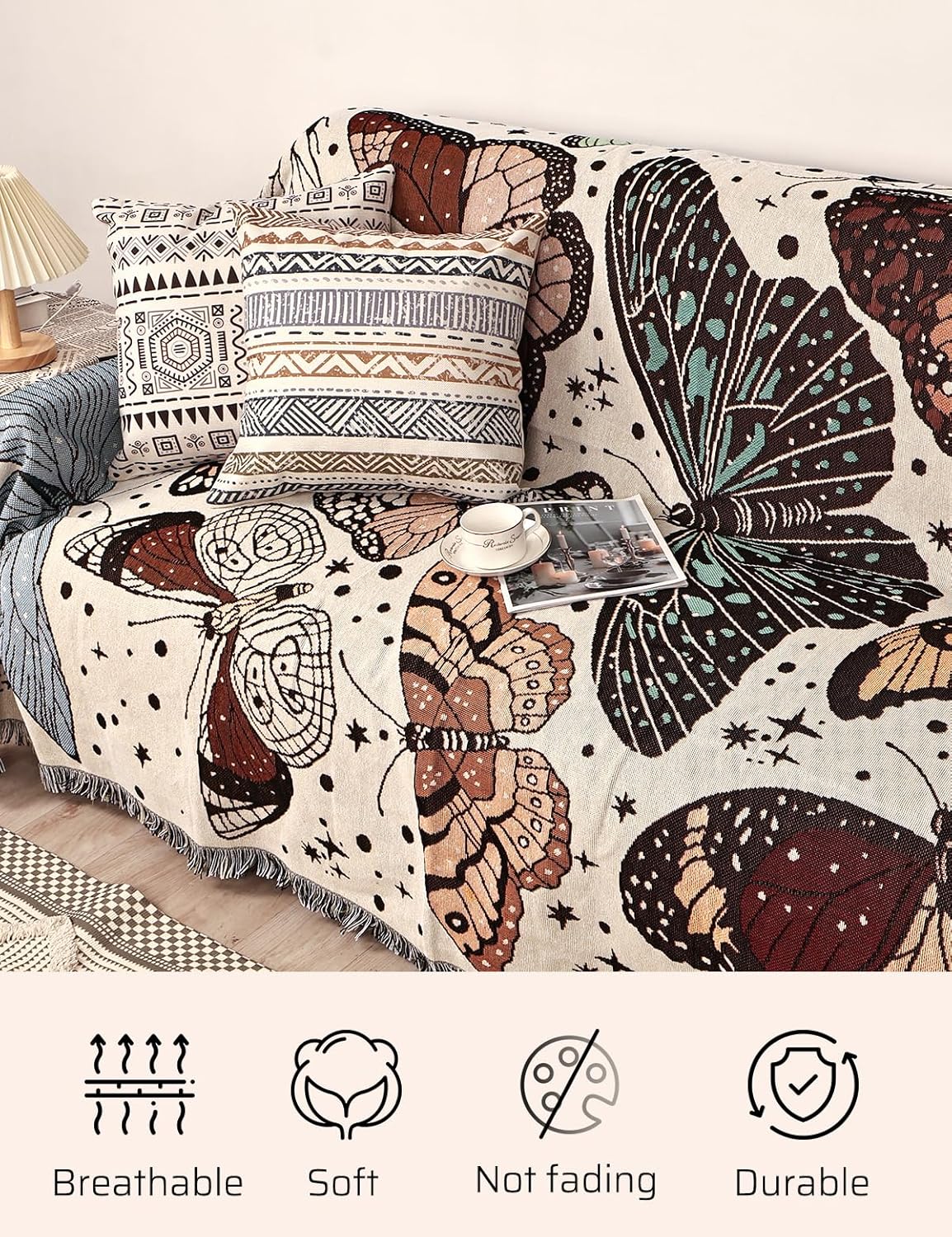 Shesyuki Manta bohemia reversible de algodón, tapiz bohemio hippie para decoración de habitación de doble cara (estampado de polilla de monte 60 x