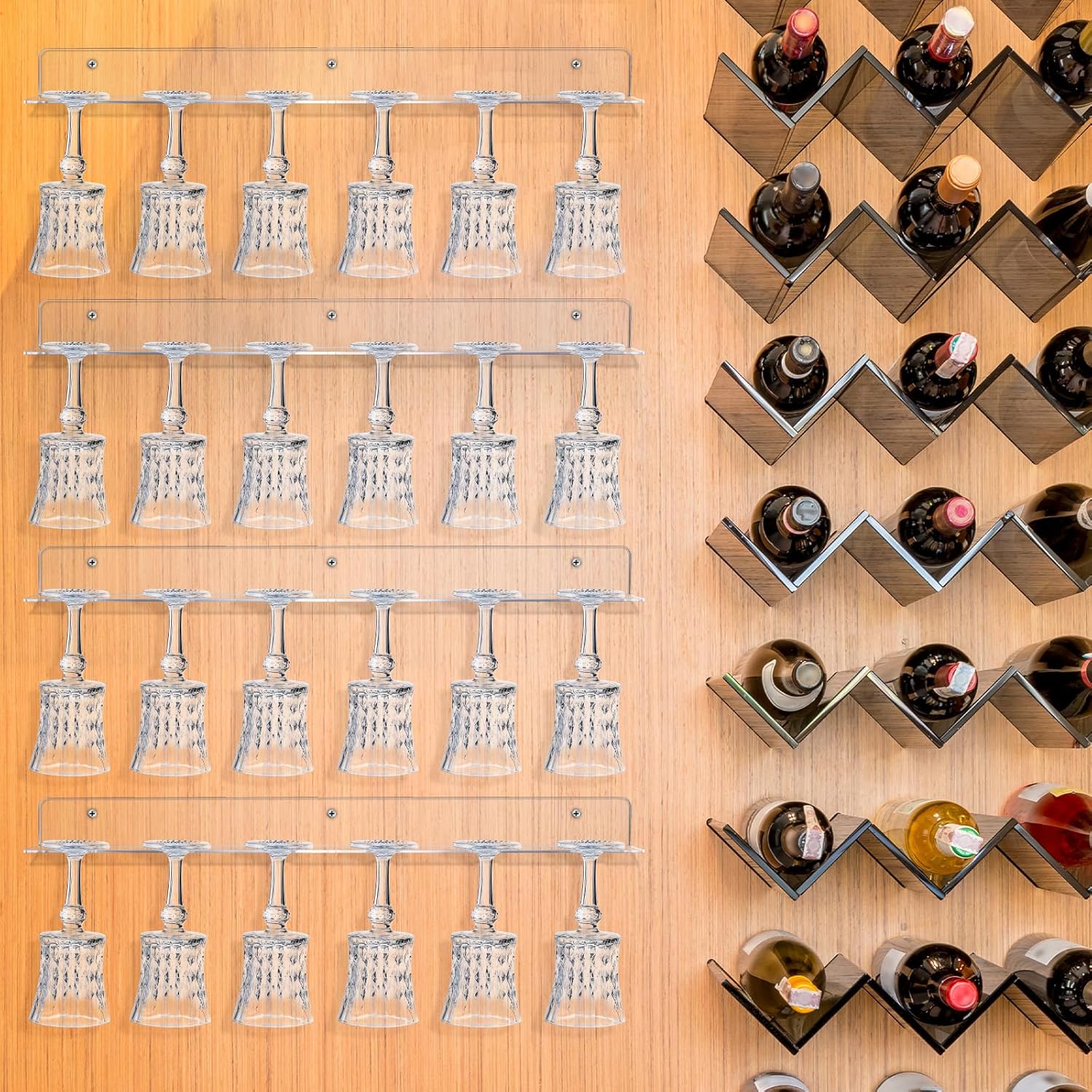4 soportes acrílicos para copas de vino, color champán, soporte de pared montado en la pared, estante para copas de vino debajo del gabinete,