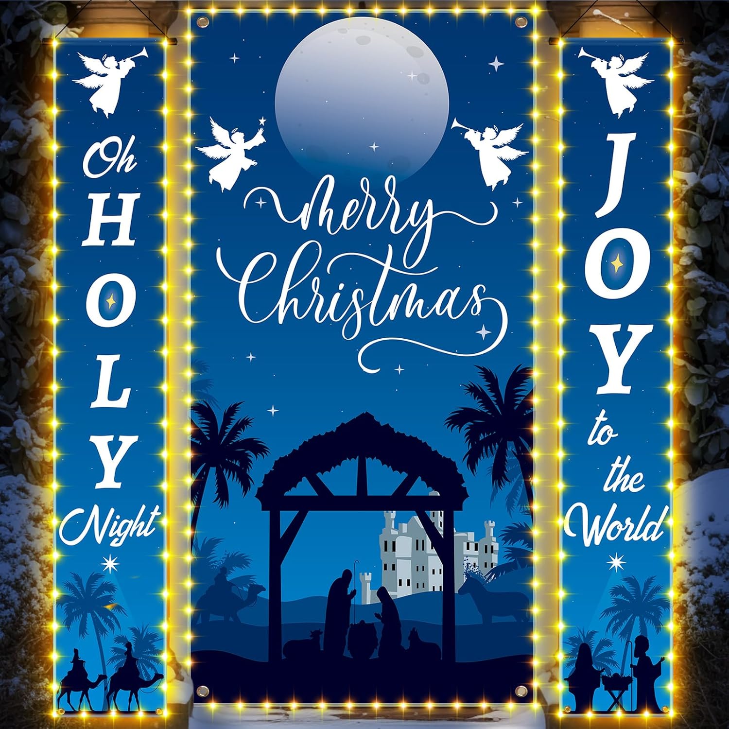 3 carteles iluminados de Navidad con luz de noche santa y alegría al mundo, pesebre al aire libre, Navidad, porche, con cadena de luces LED,