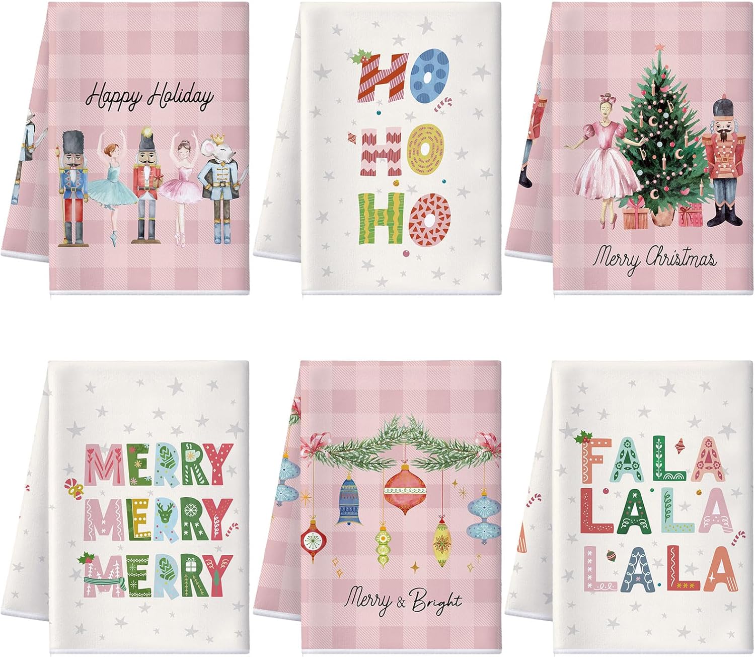 6 toallas de cocina de Navidad, diseño de árbol de cascanueces, toallas de mano a cuadros de búfalo rosa y blanco, paños de cocina de invierno para