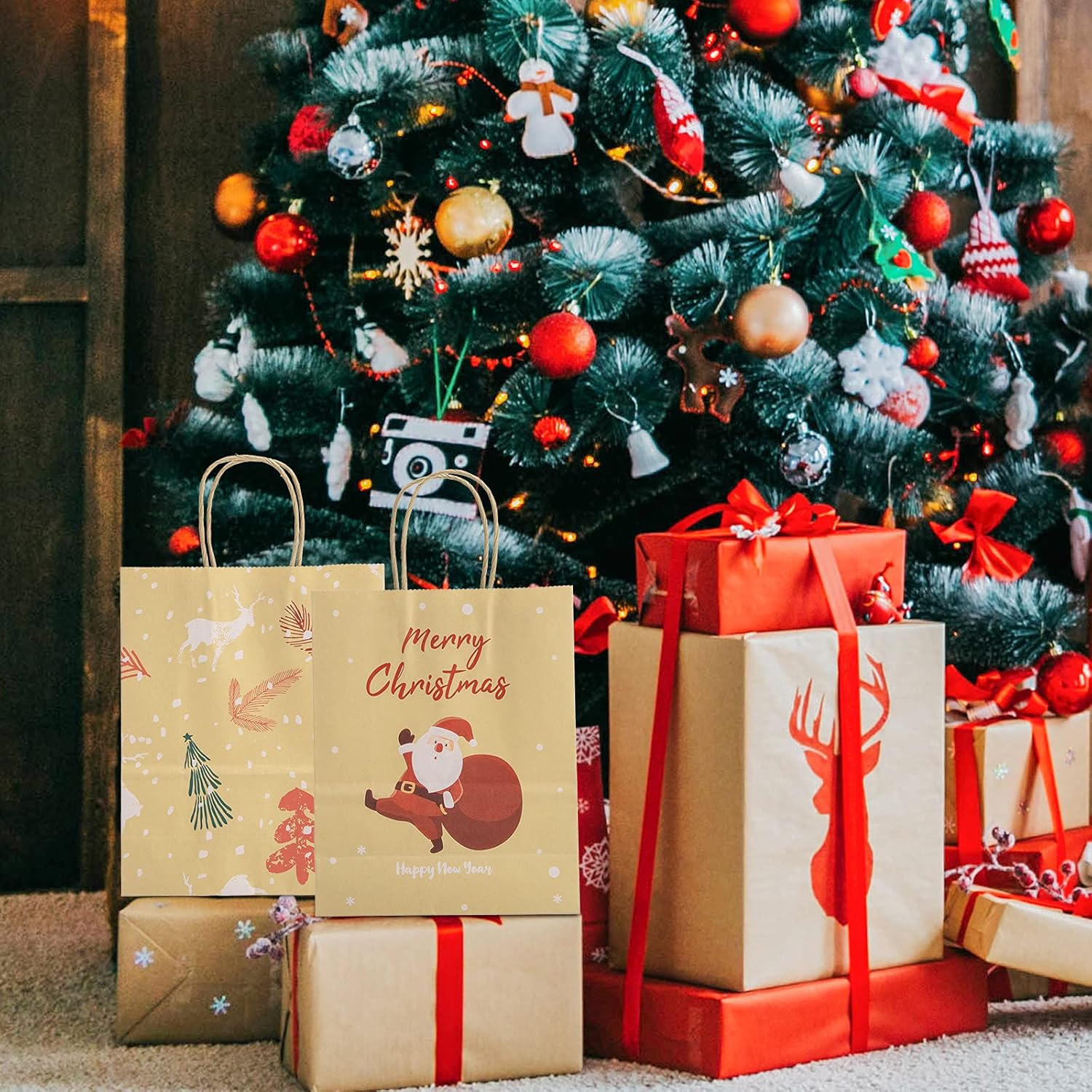 50 bolsas de papel de Navidad de 7.2 x 3.2 x 8.8 pulgadas, bolsas de regalo medianas para fiestas, bolsas de regalo de Navidad, bolsas de regalos de