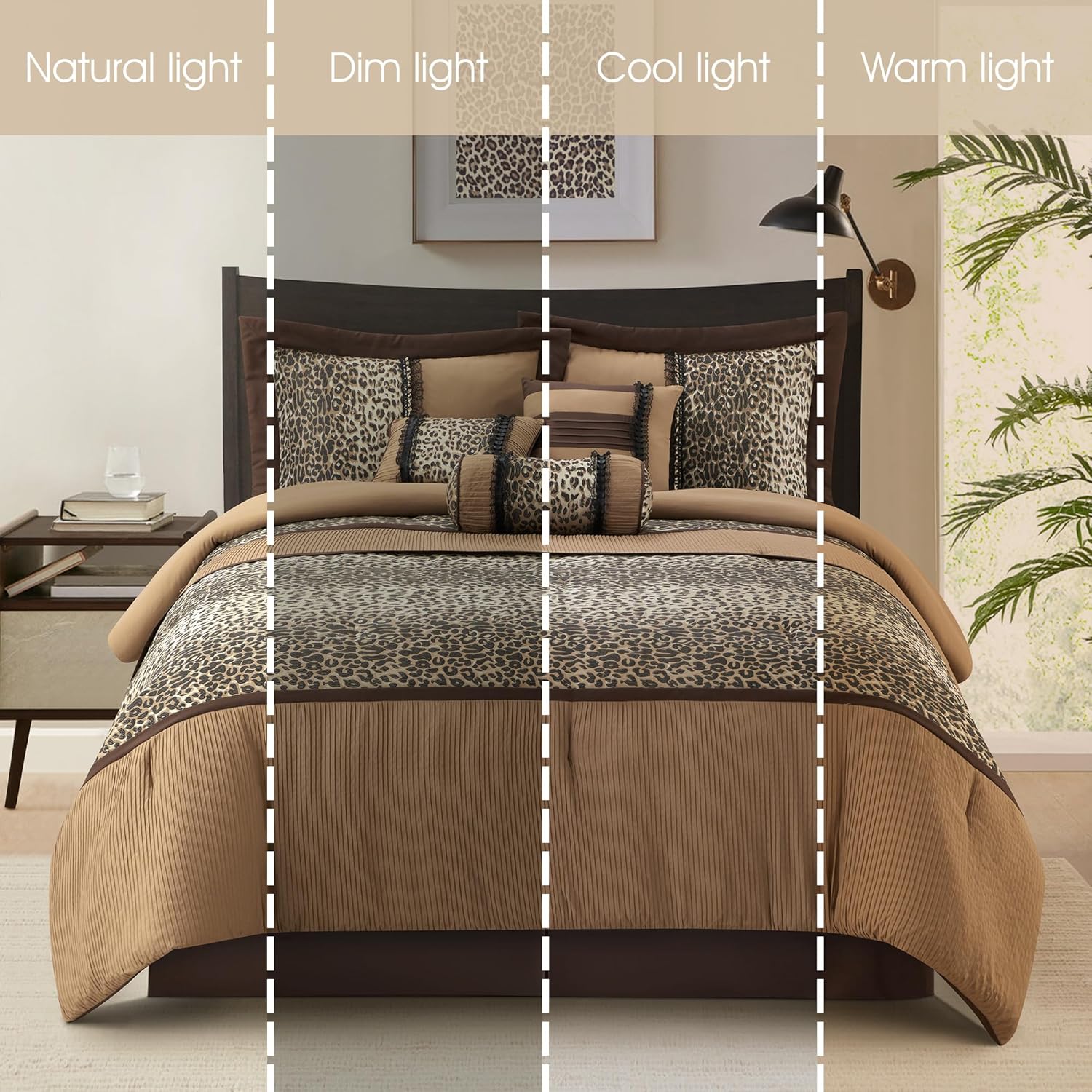 Grand Avenue Juego de edredón California King de leopardo marróngris pardo, 7 piezas, decoración del hogar, microfibra ligera de alta calidad, falda