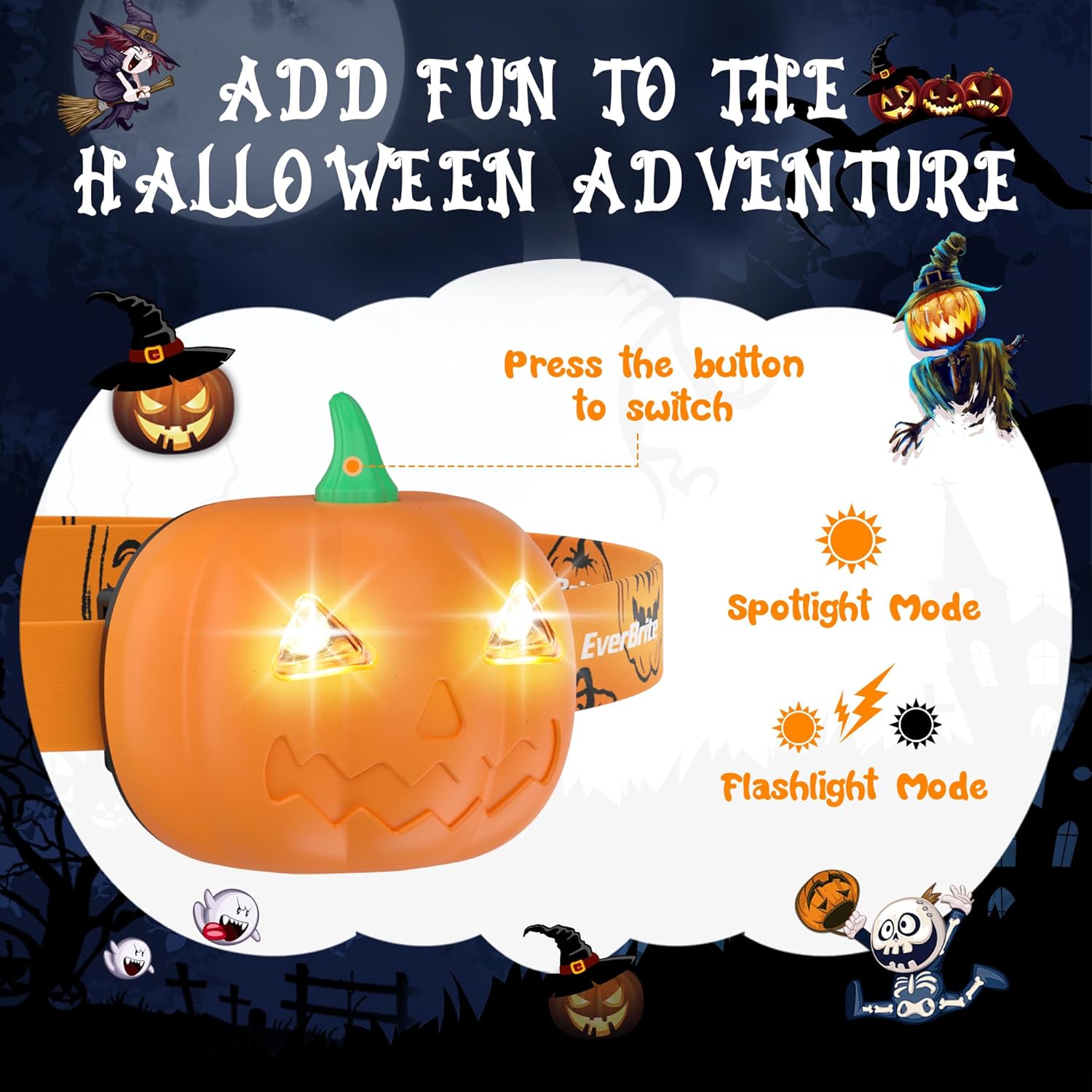 EverBrite Paquete de 5 faros de calabaza de Halloween, 2 modos, lámpara LED ajustable para la cabeza, luces de calabaza, recuerdos de fiesta de